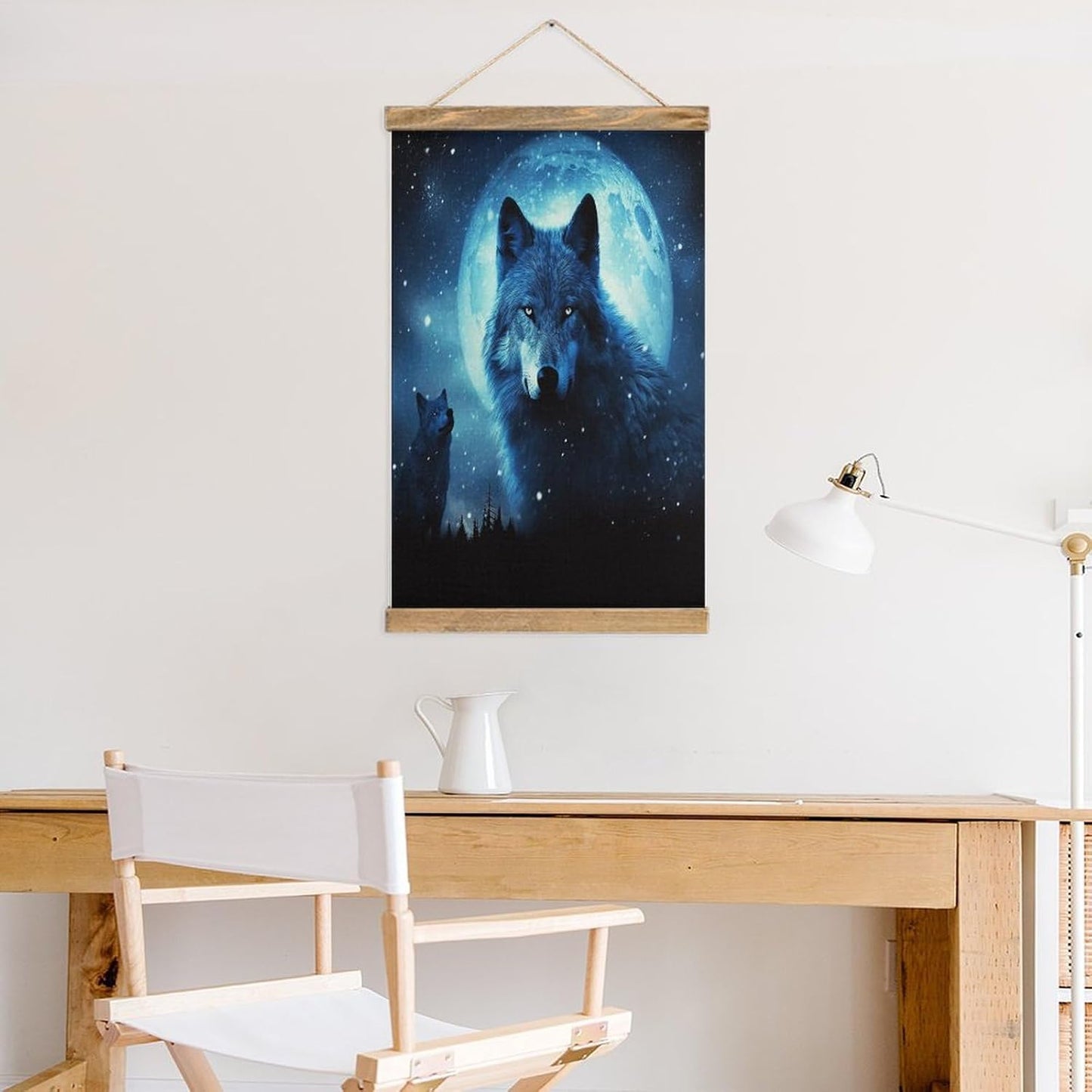 Vintage Wolfs Poster with Wooden Frame Personalized Linen Hanging Scroll Painting Rustic Wall Hanging Illustrative Modern Artwork Decor for Home Living Room Bedroom Office