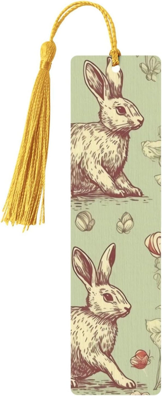 Rabbit Pattern Bookmarks Gifts for Women Men, Wooden Bookmarks for Book Lovers, Vintage Book Marks Ornaments with Tassel, Unique Personalized Reading Page Markers Gold