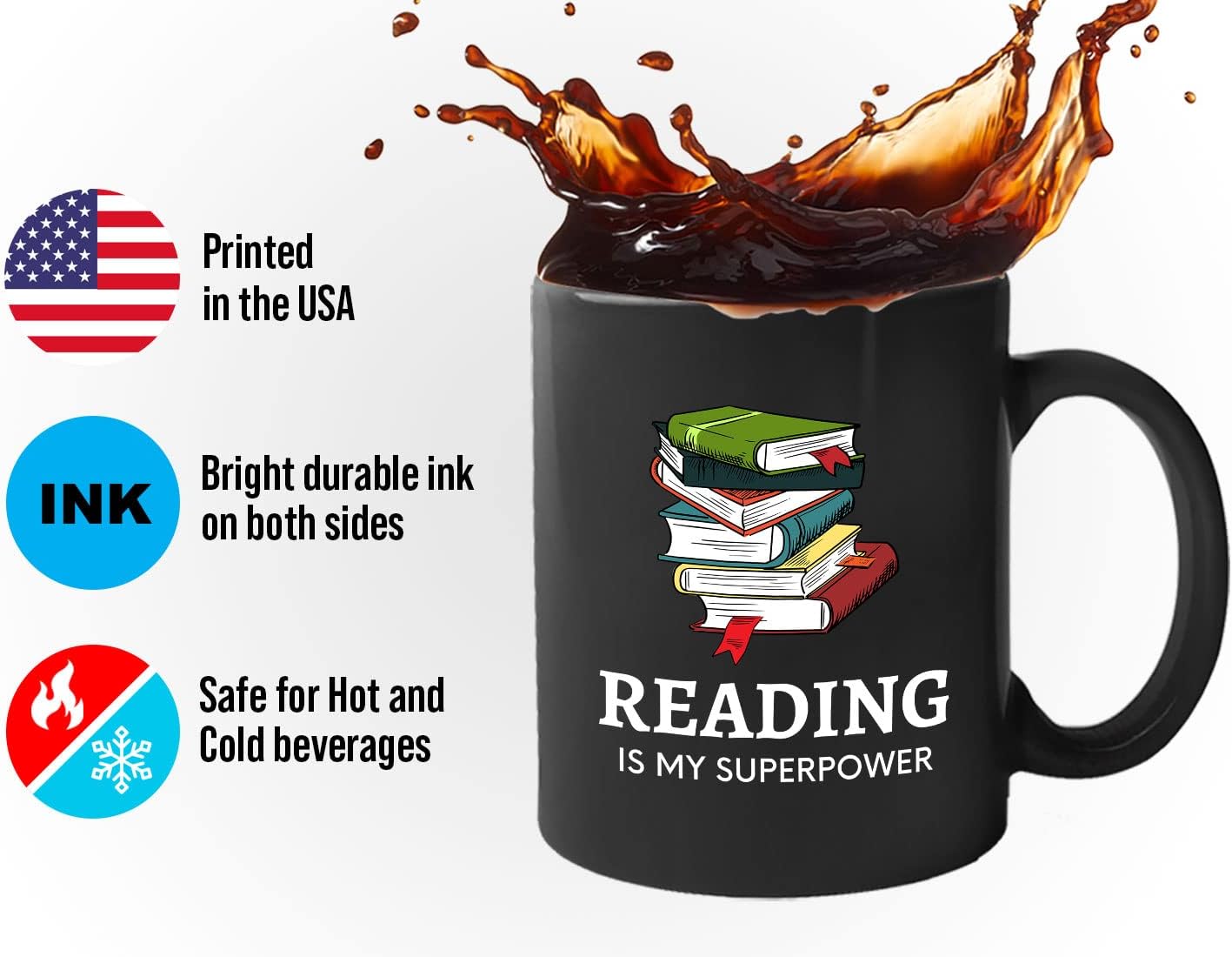 Bubble Hugs Book Lover Coffee Mug 11oz Black - Reading Is My Superpower B - Reading Owl Reader Stack of Books Book Lover Bookish Novelist Librarian Writer