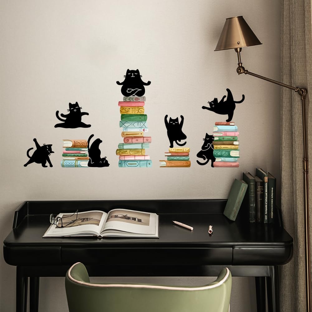SUPERDANT Reading Theme Wall Decal Yoga Cat Wall Sticker Black Cats on The Books Peel and Stick Art Decoration for Classroom Kid's Library Nursery Wall Decor School Classroom Wall Decor