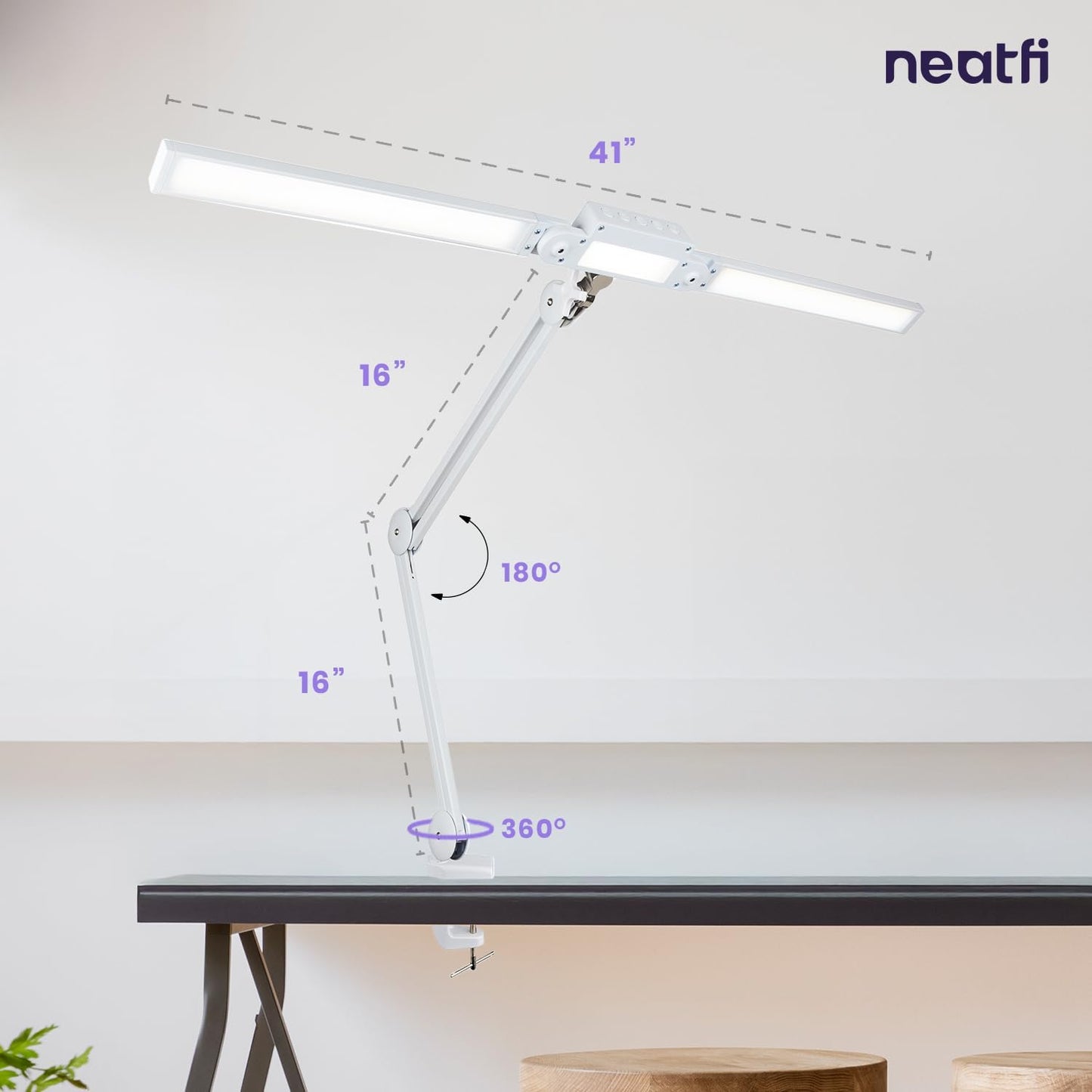 Neatfi LED Desk Lamp | 3,000 Lumens | Dimmable 30W Desk Light | 360 SMD LEDs | CRI 95 | Adjustable Color Temperature | Task Lamp for Home, Office, or Workbench (CCT, White, 41 Inches)