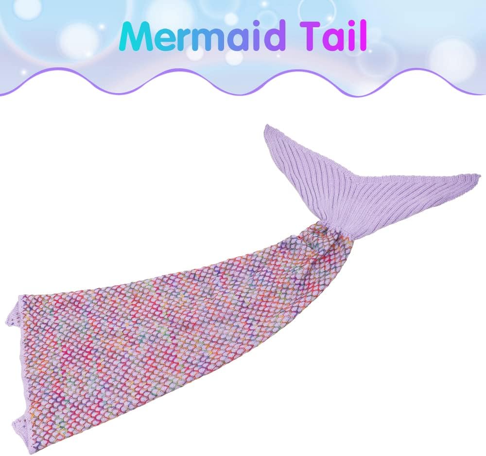 AmyHomie Mermaid Tail Blanket, Hand Crochet Mermaid Blanket for Kids, Super Soft Breathable Little Mermaid Tail Sleeping Bag, Best Mermaid Gifts for Girls(Light Purple Rainbow, Kids)