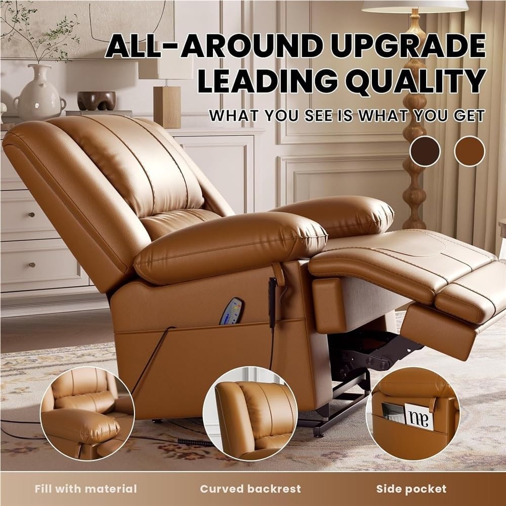 Power Lift Recliner Chair for Elderly Brown Breathable Leather Lay Flat Sleeper with Heat and Massage Infinite Position Lounge Sofa USB Ports for Living Room & Home Theater