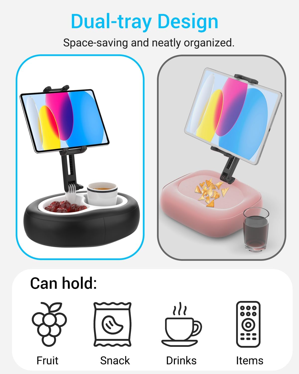Tablet Leather Pillow Stand,【Stain-Resistant】 Tablet Holder with 2 Snack Bowl, Adjustable Pillow Stand for Lap/Bed/Couch/Desk, Fits 4-13" Kindle, iPad Pro Air Mini, Phone, Galaxy Z Fold