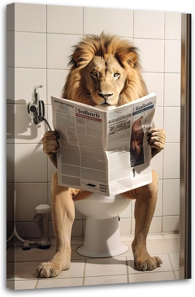 Funny Lion Wall Art Lion Sitting on Toilet Reading Newspaper Canvas Prints Bathroom Animal Picture Paintings Humor Animal Wall Art for Washroom Decor Framed(Animal-3,12.00" x 18.00")