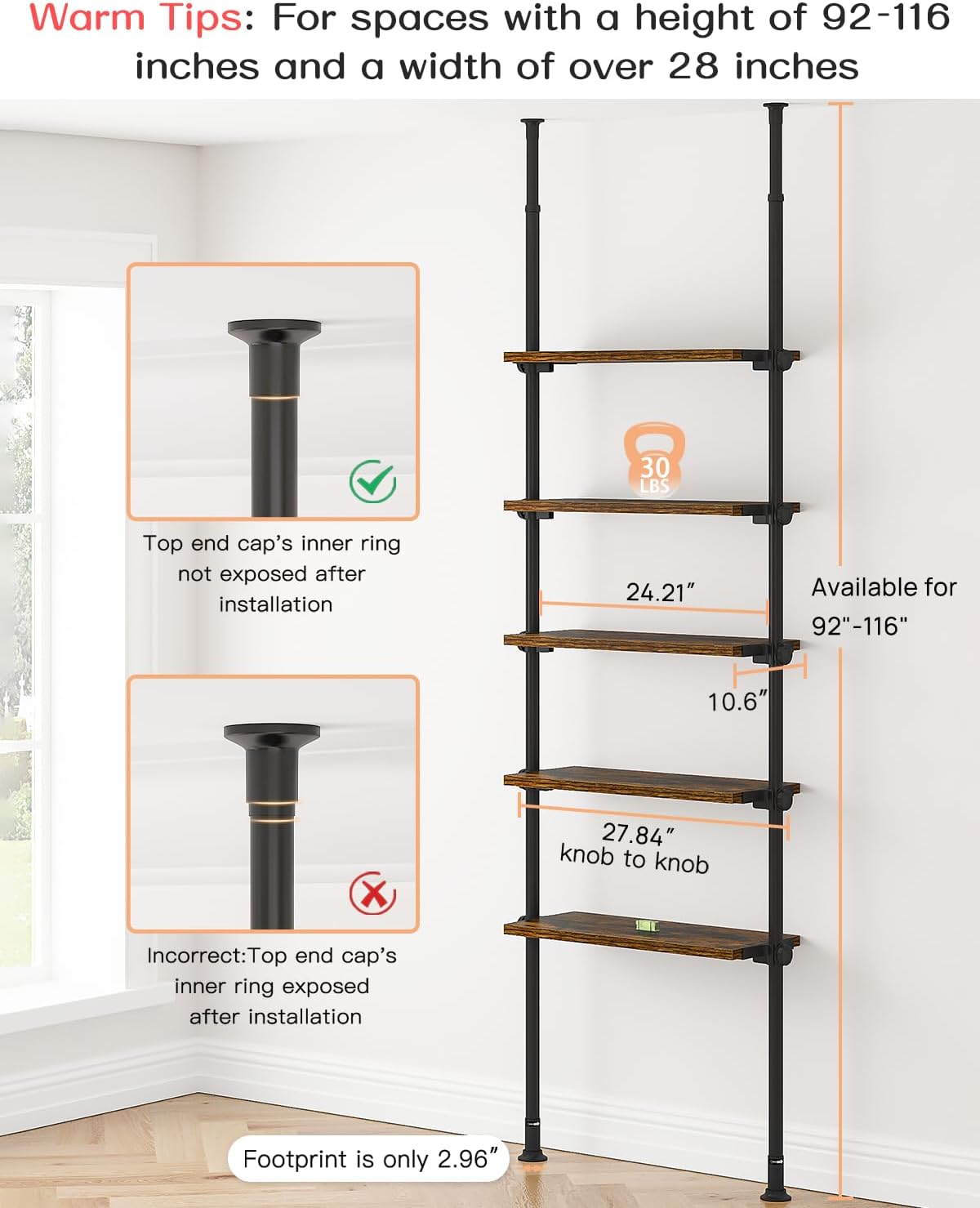 ALLZONE 5 Tiers Narrow Bookshelf, Tall Adjustable Ladder Book Shelf with Open Storage, Floor to Ceiling Tension Mount, Wooden Industrial Bookcase for Living Room, 92 to 116 Inch, Brown
