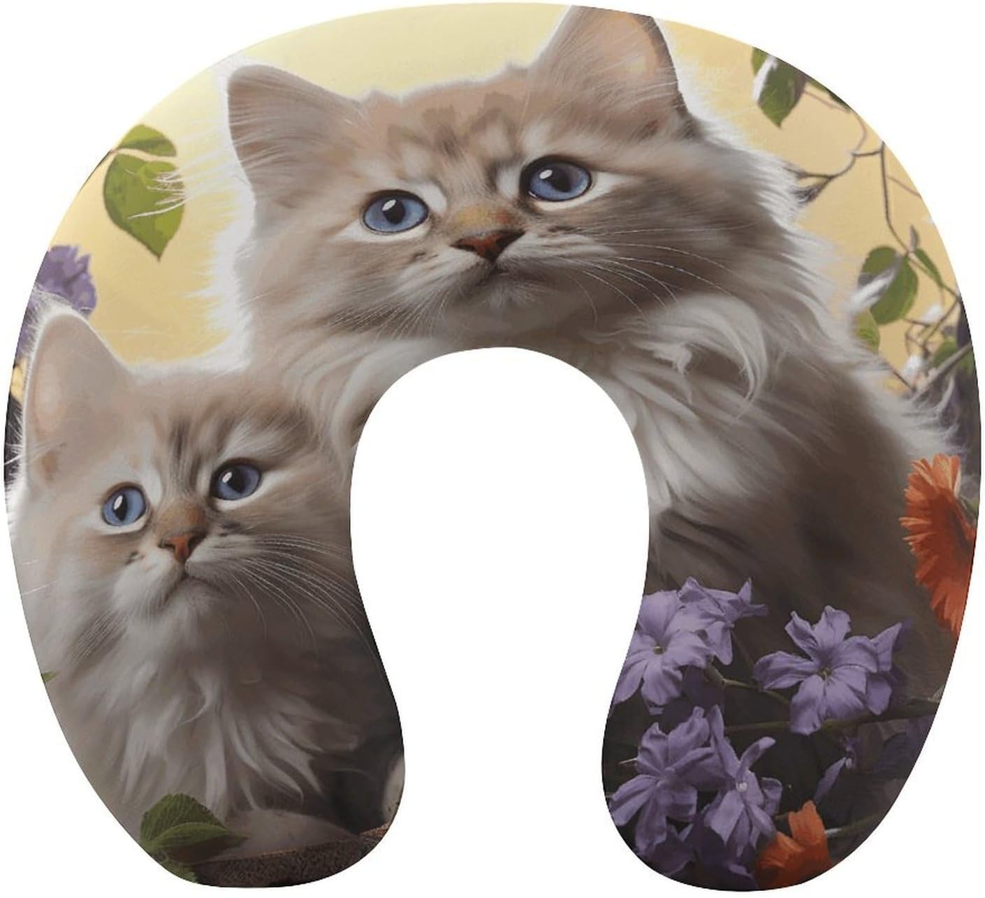 Cat Flowers Neck Pillow Memory Foam U Shaped Pillows Portable Pillows for Shoulder Travel Head Support Pillow with Concealed Zipper for Airplane Car Home Office