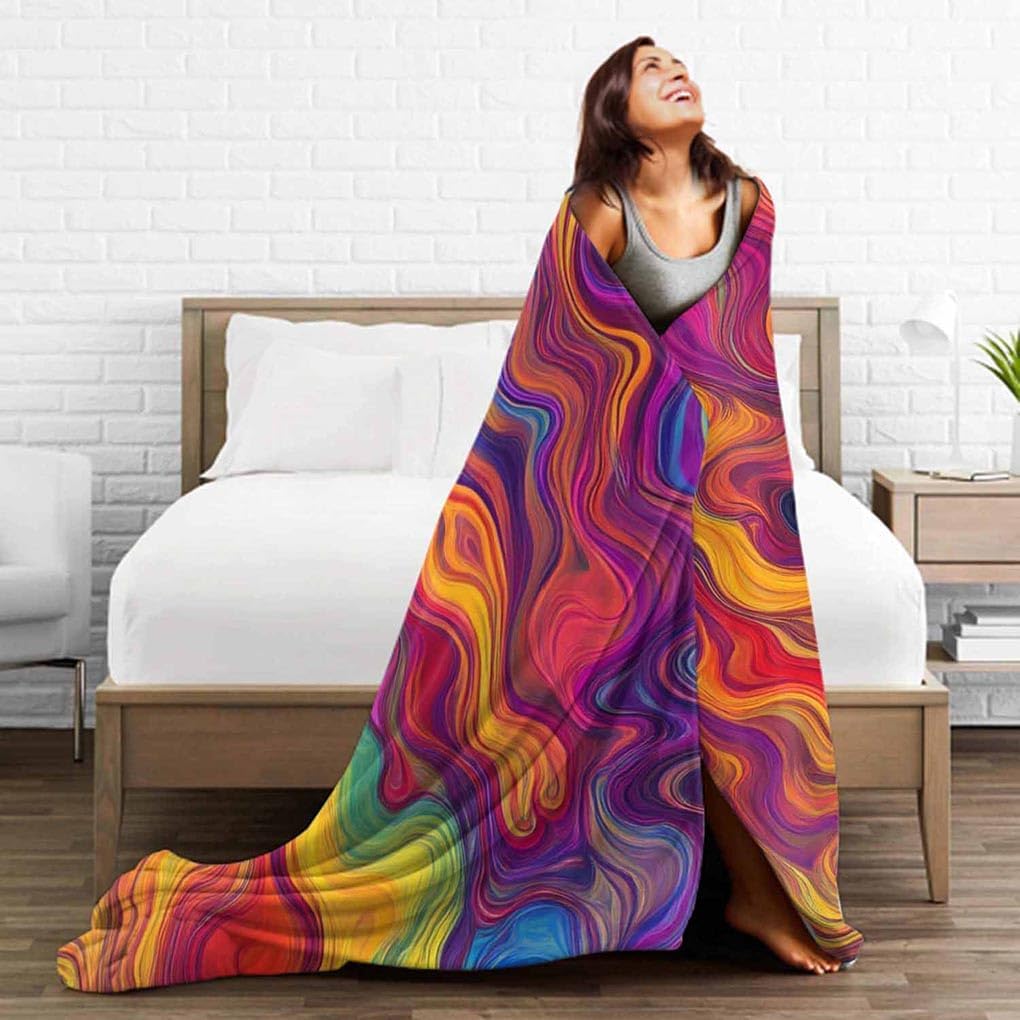 Mugod Colorful Chaotic Waves Throw Blanket Purple Fuchsia Pink Red Orange Gold Blue Rainbow Pattern Decorative Soft Warm Cozy Flannel Plush Throws Blankets for Baby Toddler Dog Cat 30 X 40 Inch