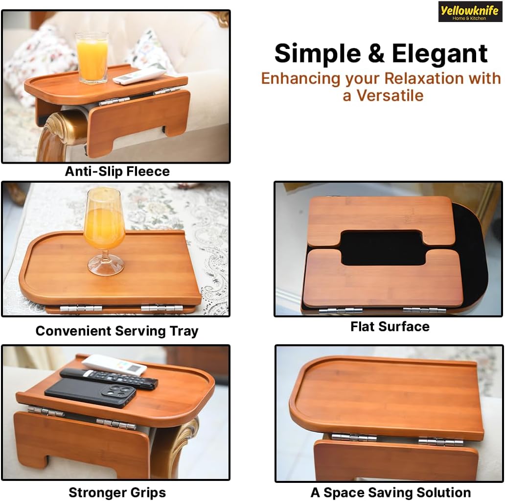 Premium Bamboo Sofa Arm Tray Table -Wooden Couch Arm Tray & Clip-on Sofa Tv tray -Non-Slip Couch Armrest table Caddy For Drinks, Snacks & Dinners -Foldable & Flexible for different Sofa Armrest Shapes