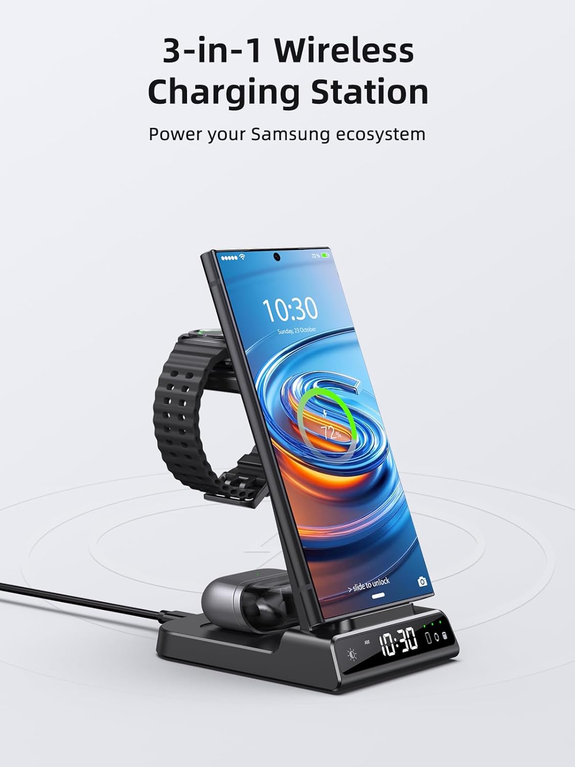 Wireless Charger Samsung Charging Station: 3 in 1 Android Charging Stand with Dimmable Clock - Nightstand Organizer for Galaxy S25 Ultra S24, Galaxy Watch 8 7 6 5 4, Galaxy Buds, Space-Saving Charger
