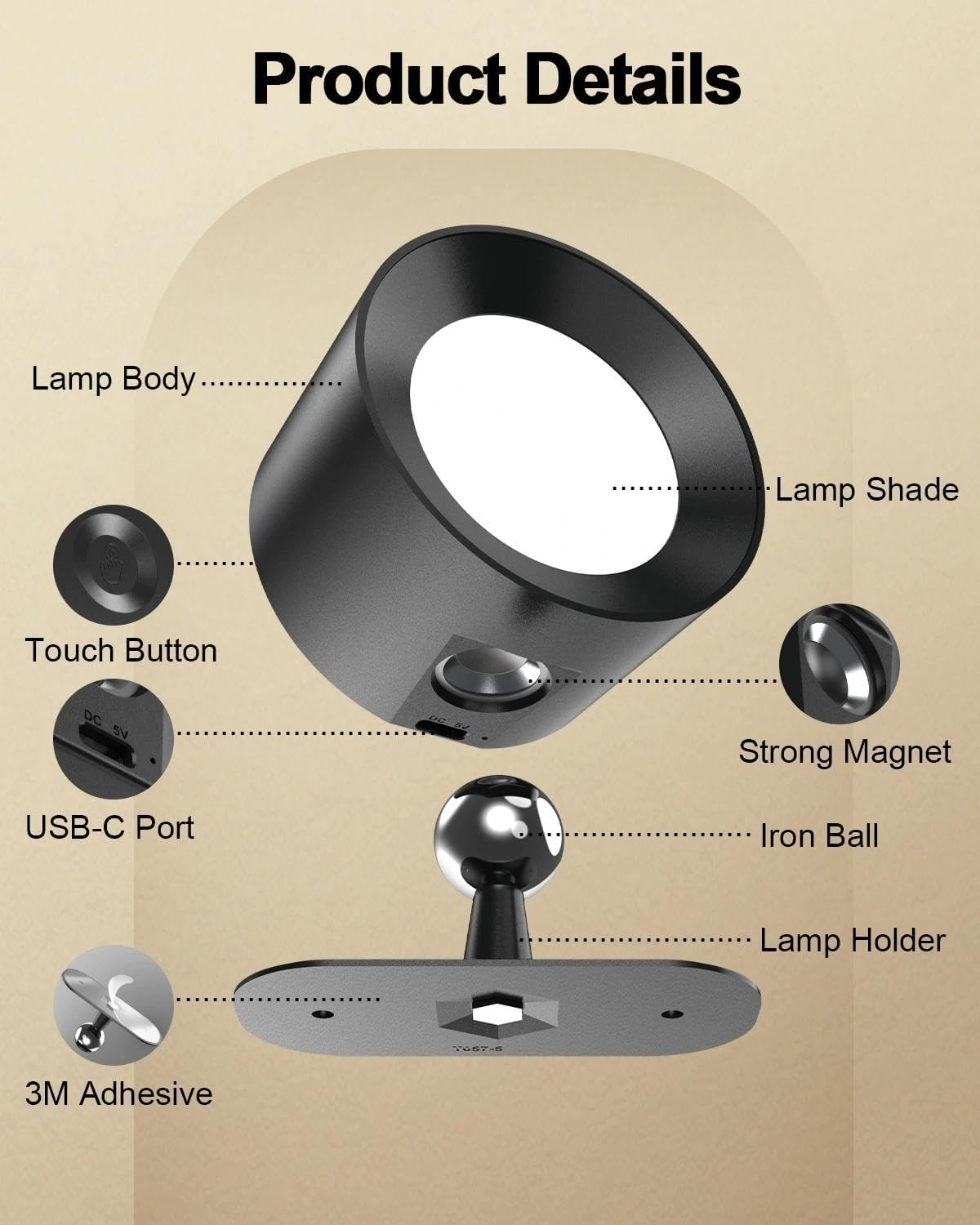 LED Rechargeable Wall Sconces 2 Pack, 360° Rotatable Cordless Wall Lights, Dimmable Touch & Remote Control, 3 Color Temperatures Battery Operated Wall Lamp for Bedroom Reading Bedside, Black