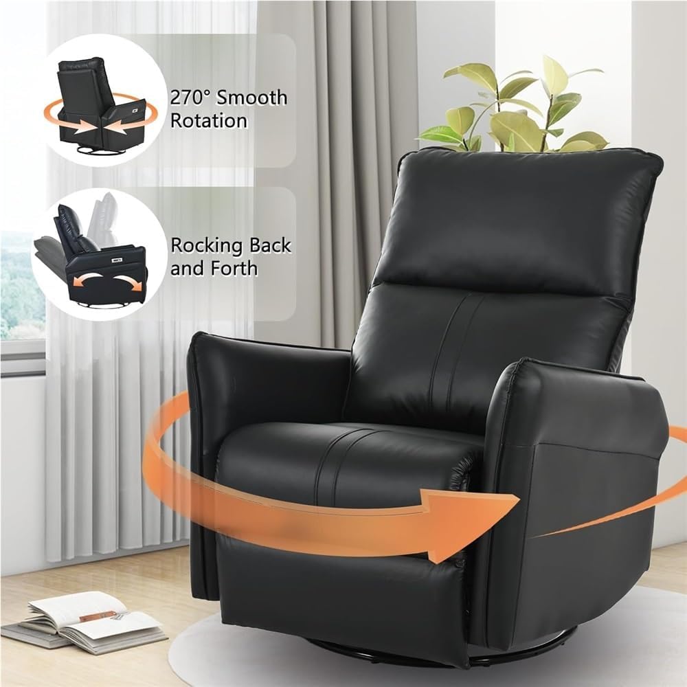 Black Power Swivel Rocker Recliner Chair with Charging Port, Leather Electric Recliner Chair, Comfortable Glider Recliner for Nursery, Home Theater Reclining Chair for Adults