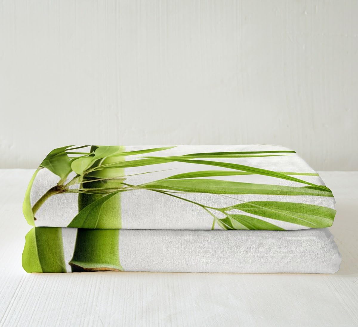 Feelyou Bamboo Pattern Fleece Throw Blanket Green White Sherpa Blanket for Teens Nature Plants Plush Blanket Nutrue Theme Fuzzy Blanket for Sofa Bed Couch,Queen 90x90 Inches