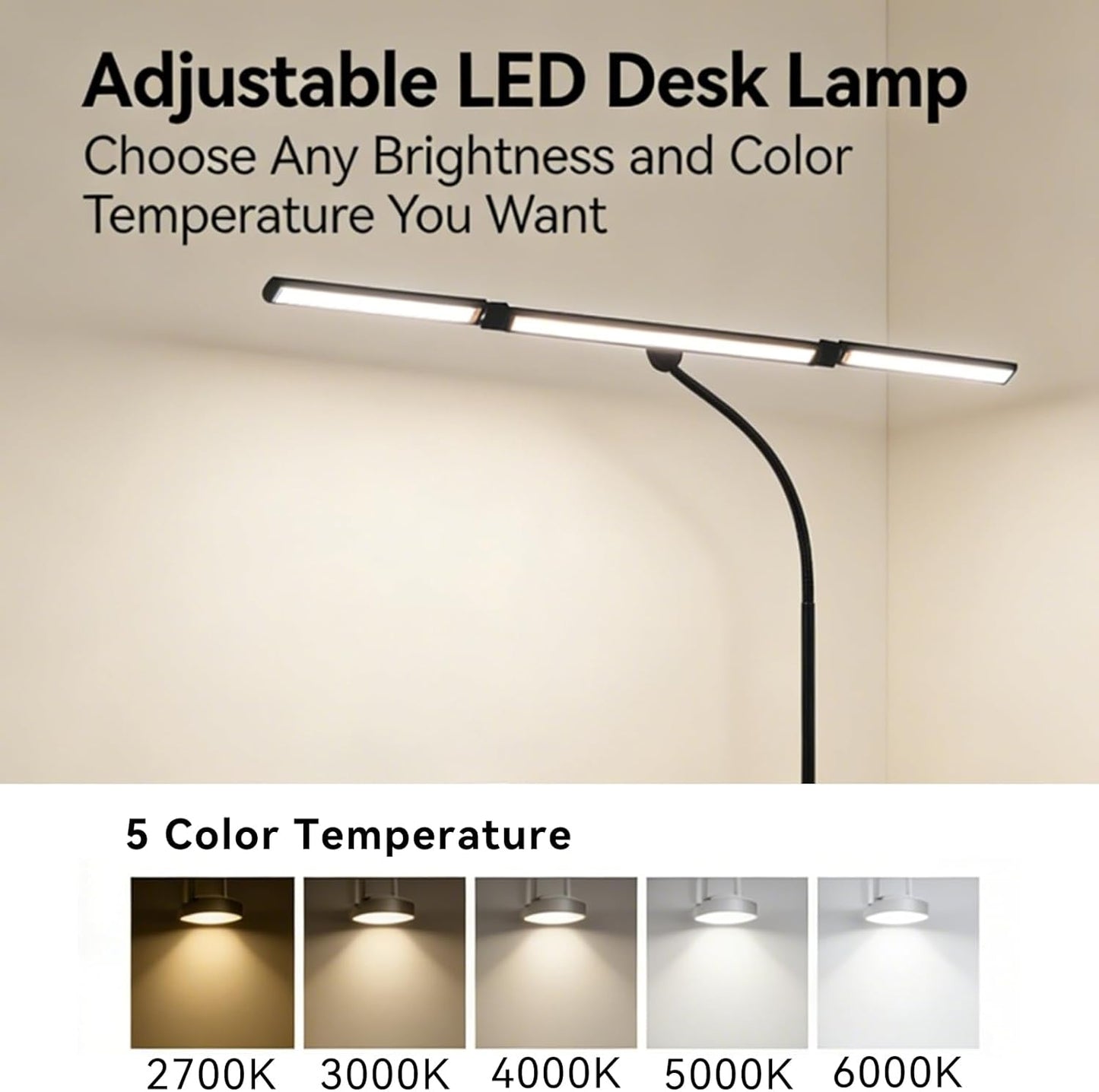 Eye-Caring Stepless Dimming Clip on Desk Lamp, Desk Lamps for Home Office with Adjustable Gooseneck, LED Light for Reading, Study, Art Painting,Live Streaming,Workbench - Black