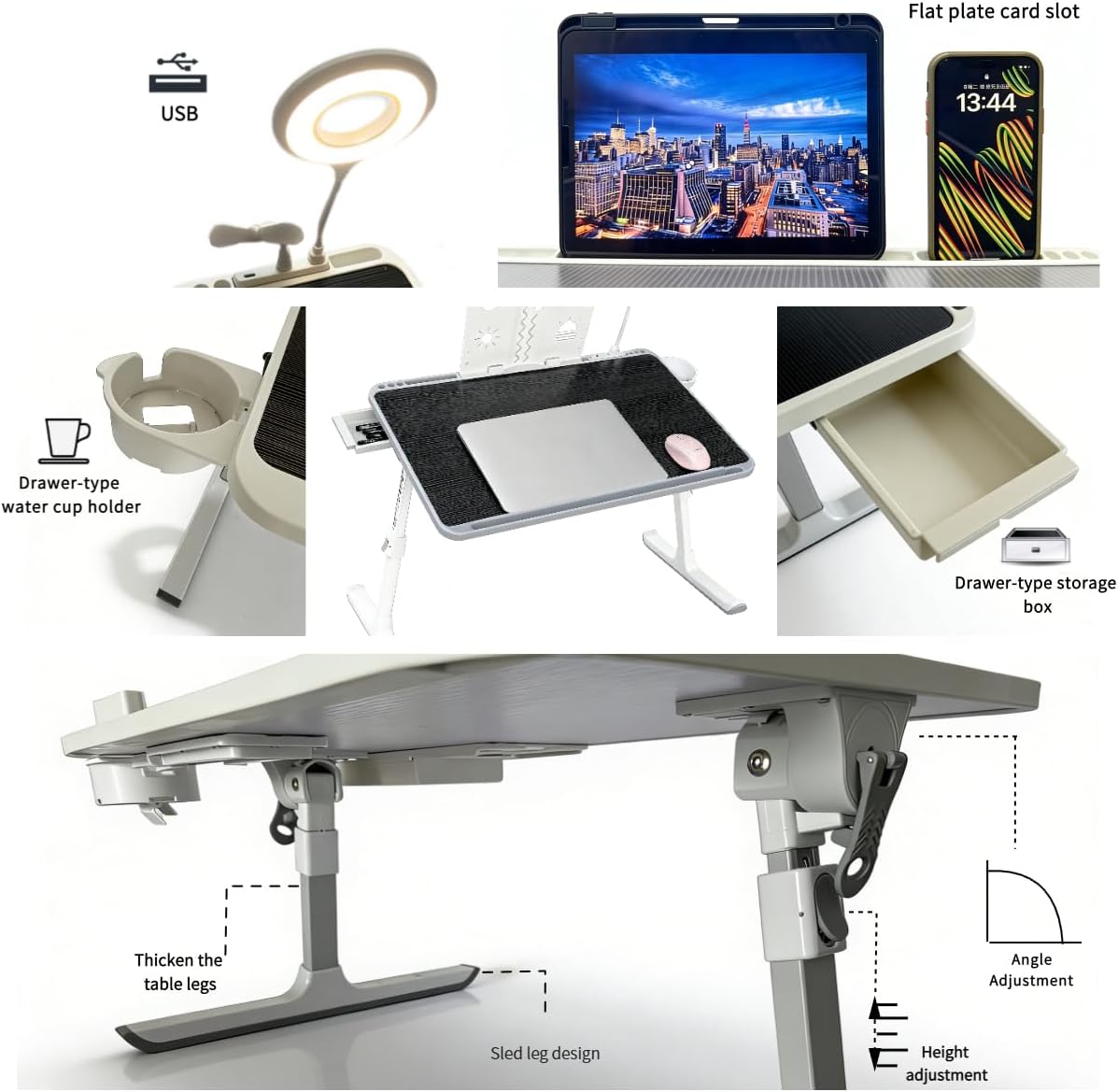 Laptop Lap Desk with Storage Compartment, USB Ports, Cup Holder, and Book Shelf. Ideal for Office Work, Drawing, Dining, Gaming, and More.