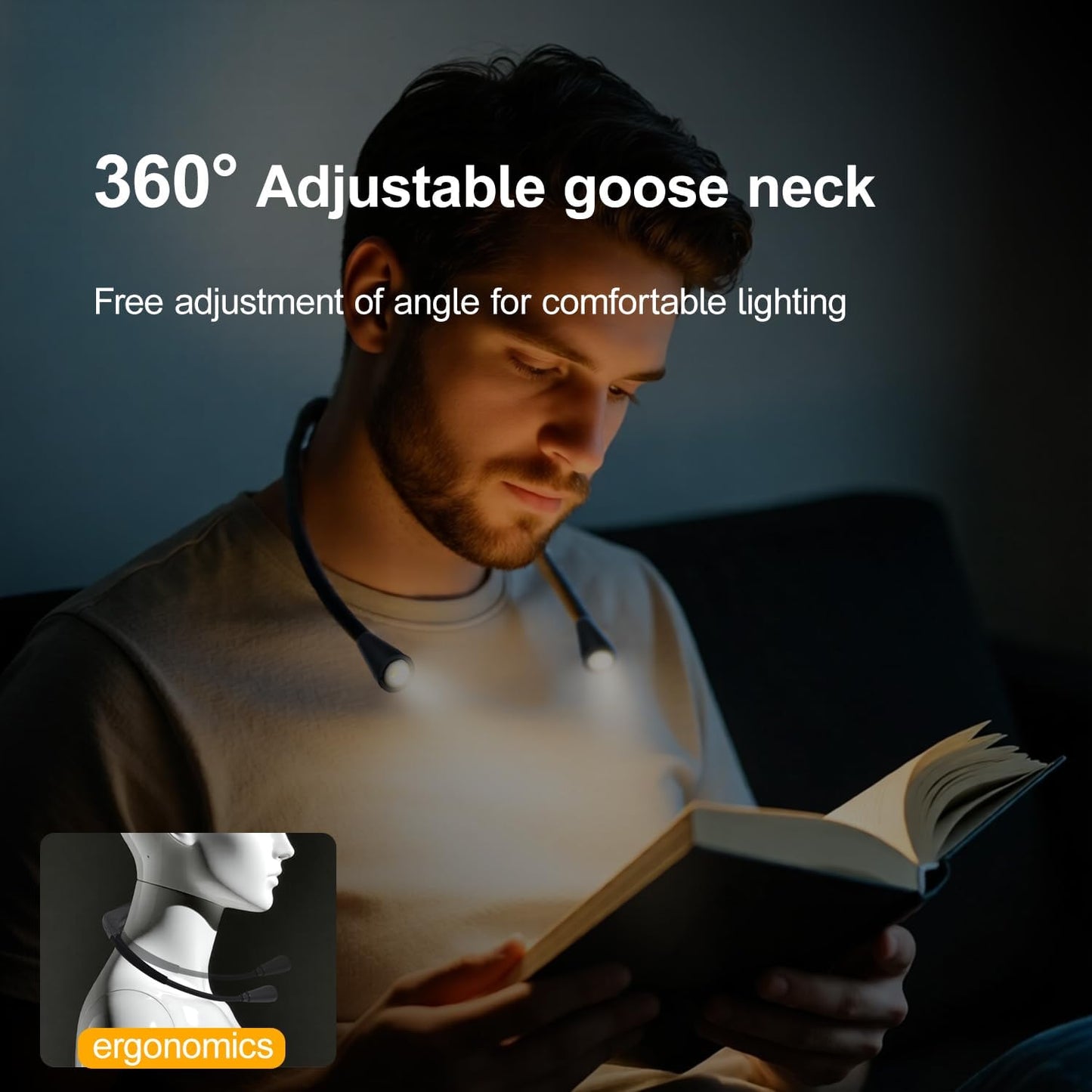 LED Rechargeable Neck Reading Light， Suitable for Reading Books with 3 Color Temperatures, 90 Hour Long-Lasting Recharging Lamp, Ergonomic, Suitable for Reading, Weaving, and Repairing