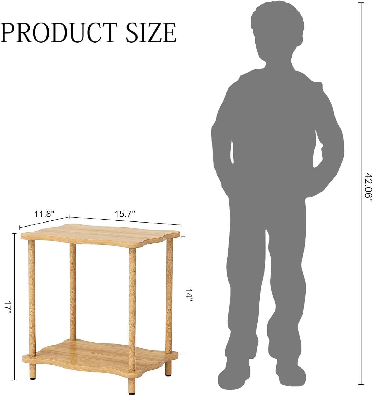 2-Tier Low Side Table 17”H, Space-Saving Small Nightstand with Solid Wood Legs, Tool-Free Assembly, Suitable for Reading Chair, Bedside, Balcony, 15.7”D x11.8”W, Burlywood