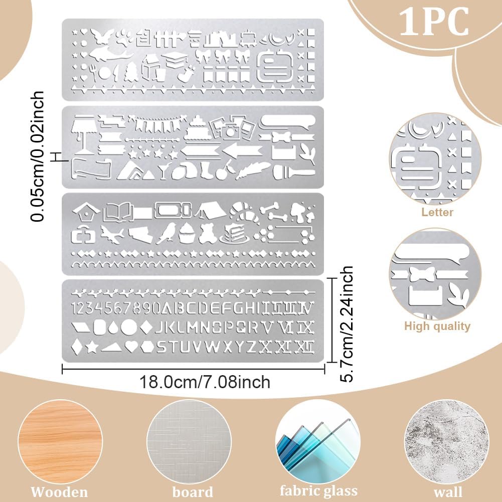 UNICRAFTALE 4Pcs Metal Stencils for Wood Burning Mixed Patterns Stencils Stainless Steel Reusable Templates Alphabet and Number Bookmark Ruler School Supplies for DIY Engraving Painting Scrapbooking