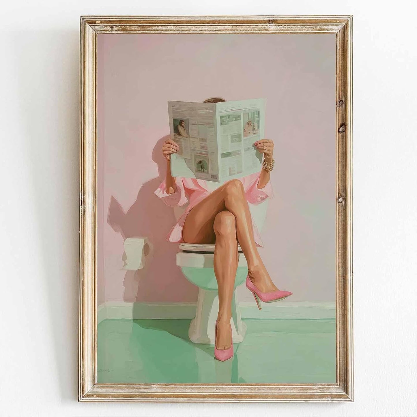 Bathroom Aesthetic Wall Art Woman Reading Newspaper Art Woman On Toilet Wall Art Trendy Women Prints Fashion Women Painting Aesthetic Style Picture Trendy Bathroom Posters For Room 16x24inch No Frame