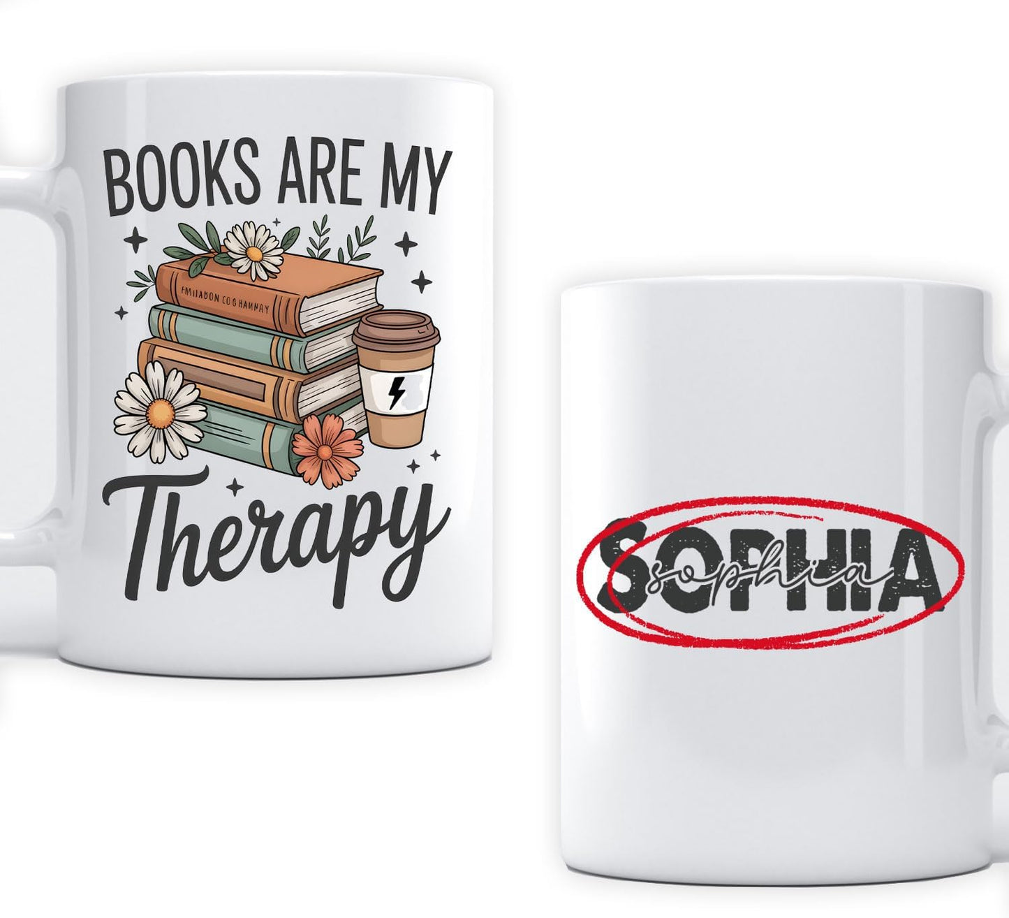 Personalized Books Are My Therapy 15 oz Ceramic Mug Custom Name for Book Reading Lovers