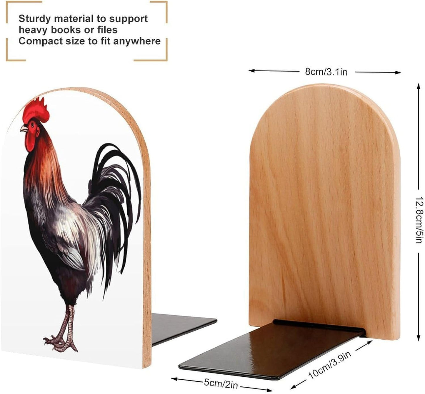 Rooster Bookends 1 Pair Heavy Duty Book Ends for Shelves Non-Skid Bookend Supports Wooden Book Holders with Metal Base Desk Organizers Books Storage to Hold Books