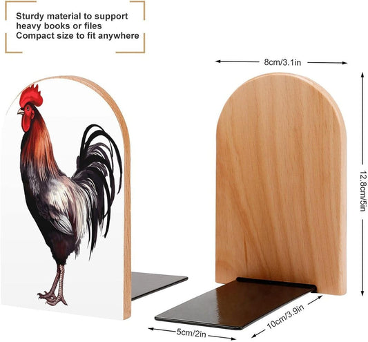 Rooster Bookends 1 Pair Heavy Duty Book Ends for Shelves Non-Skid Bookend Supports Wooden Book Holders with Metal Base Desk Organizers Books Storage to Hold Books