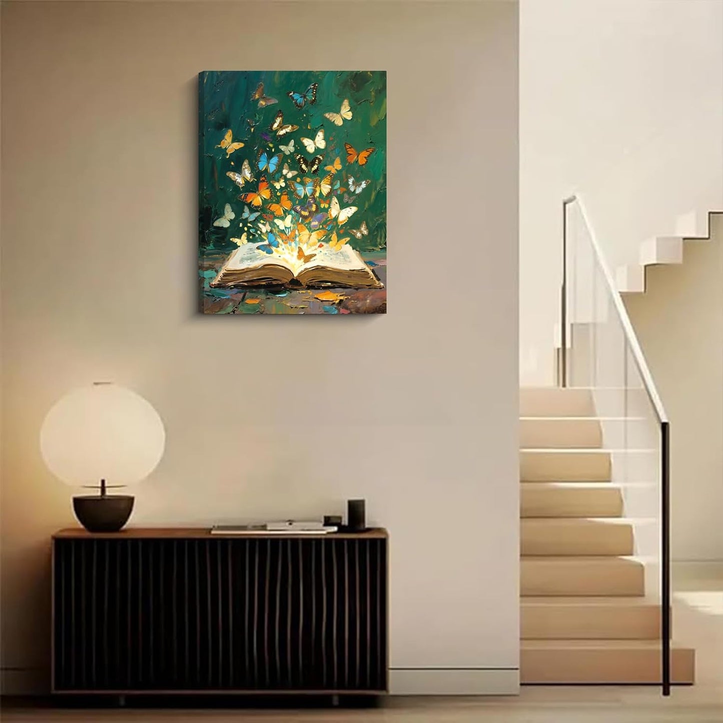Colorful Butterfly Canvas Wall Art Framed (12x16 In) Retro Books Oil Painting Style Wall Decor Picture,Abstract Book Butterfly Wall Art Magical Library Print,Gift for Girls Bedroom Nursery Home Decor