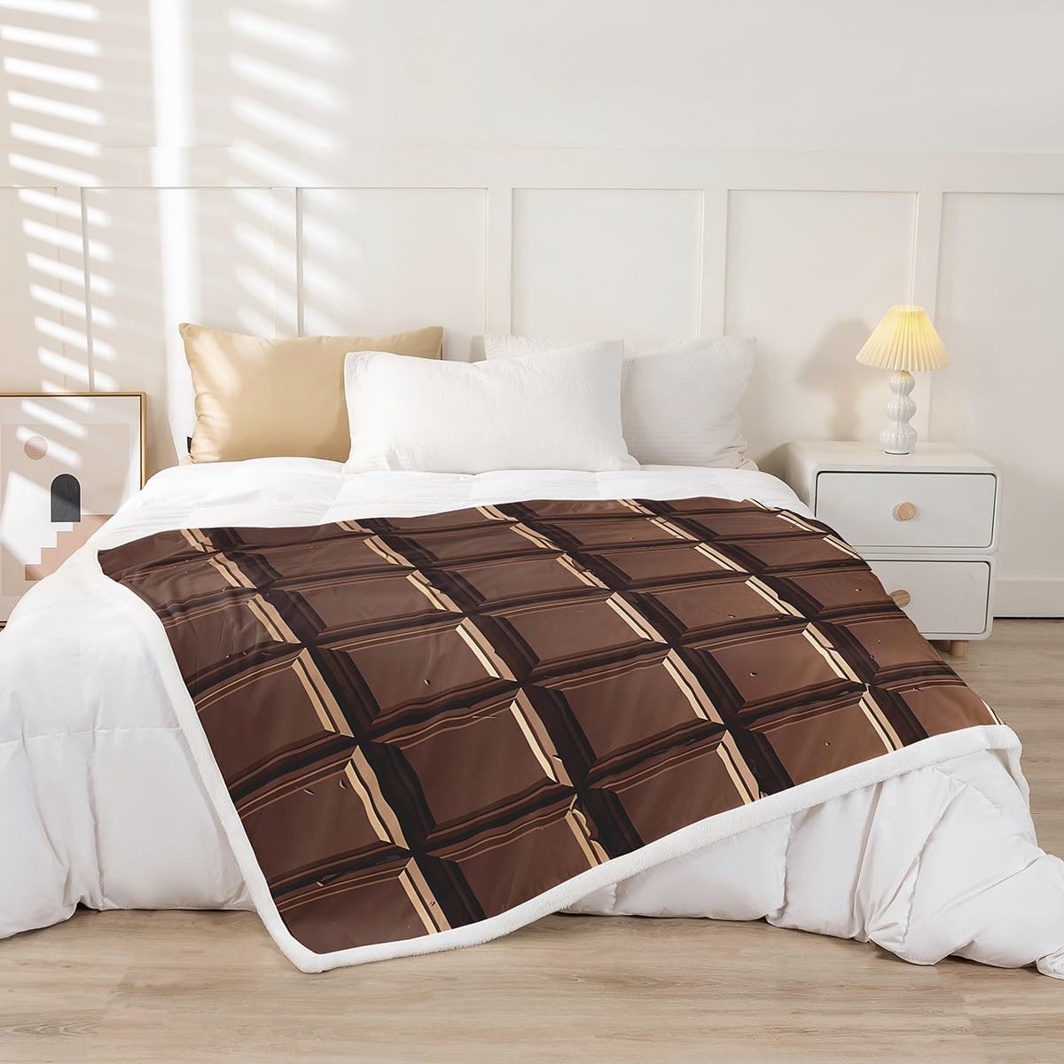 Vintage Chocolate Kids Fleece Blanket,Delicious Desserts Theme Brown Throw Blanket for Adult,Retro Food Print Grid Geometric Lightweight Polyester Sofa Sherpa Blanket, Queen (90 x 90 Inch)