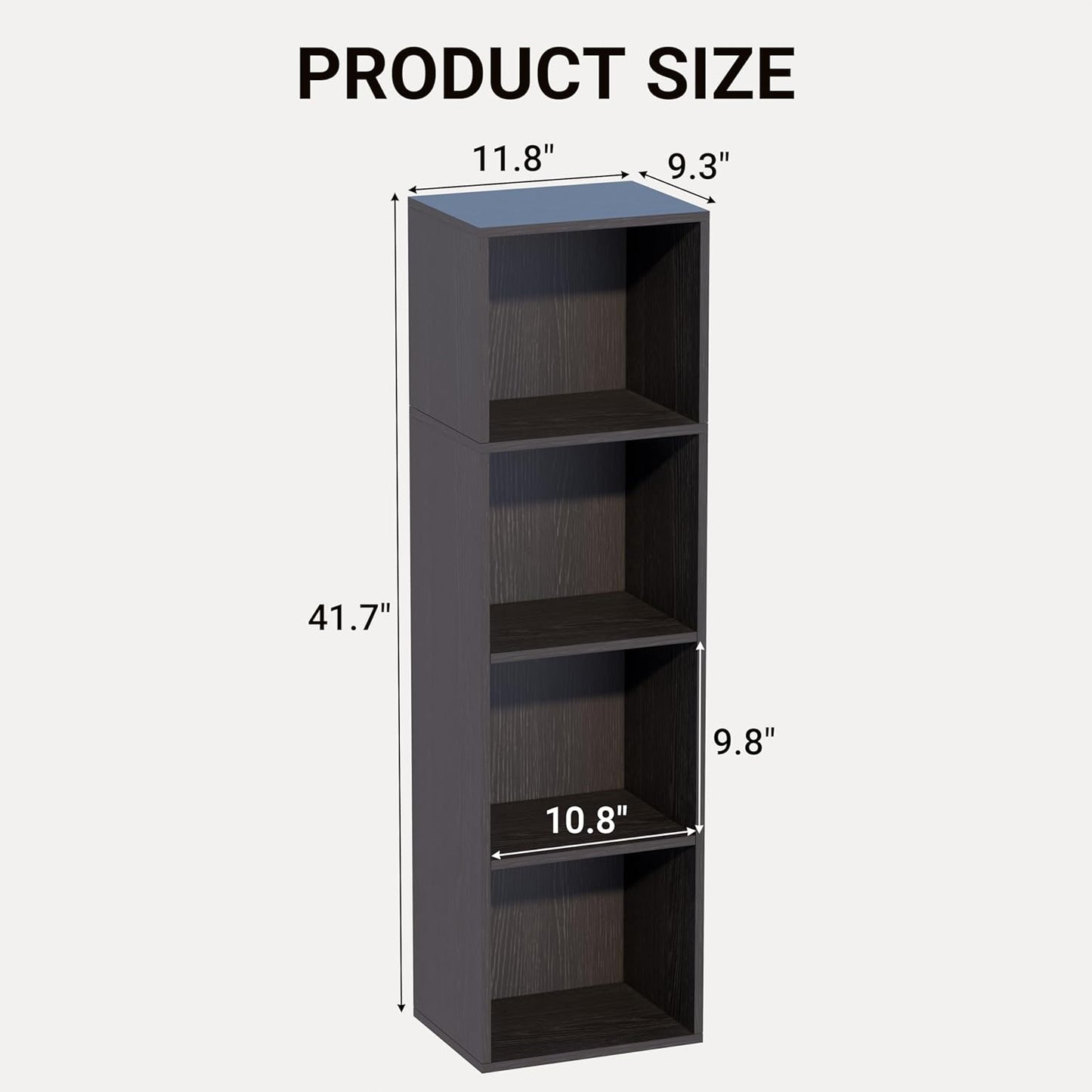 Book Shelf, 4-Tier Bookcase, Wooden Open Cube Storage Organize, 9.3 x 11.8 x 41.7 inches Bookshelf for Living Room, Bedroom, Home Office (Black)
