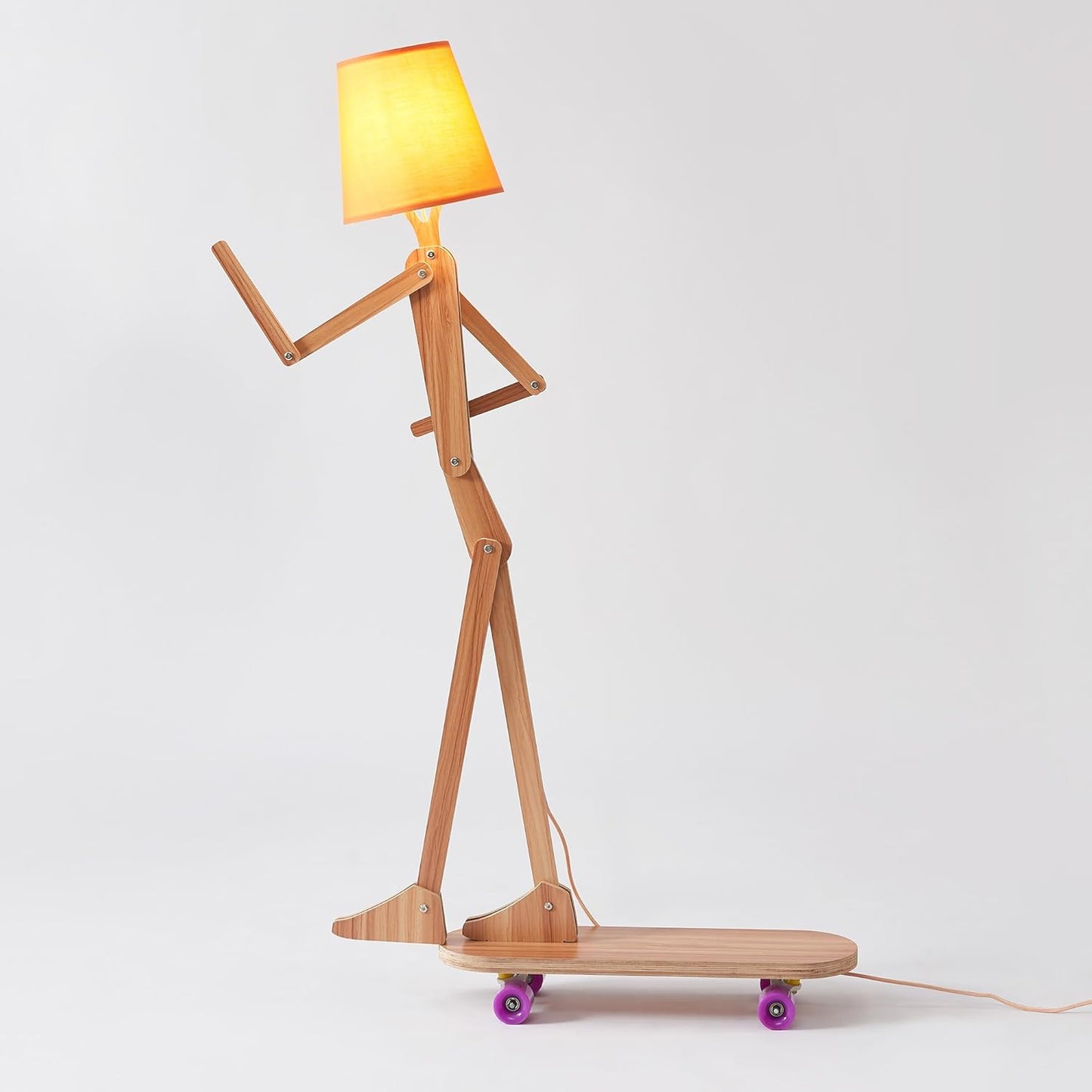 Unique Wood Floor Lamp with Skateboard Base for Living Room Bedroom Kids Bedside - Decorative Corner Reading Swing Arm Standing Light for Office Farmhouse Home - LED Bulb Included - Ash Plywood