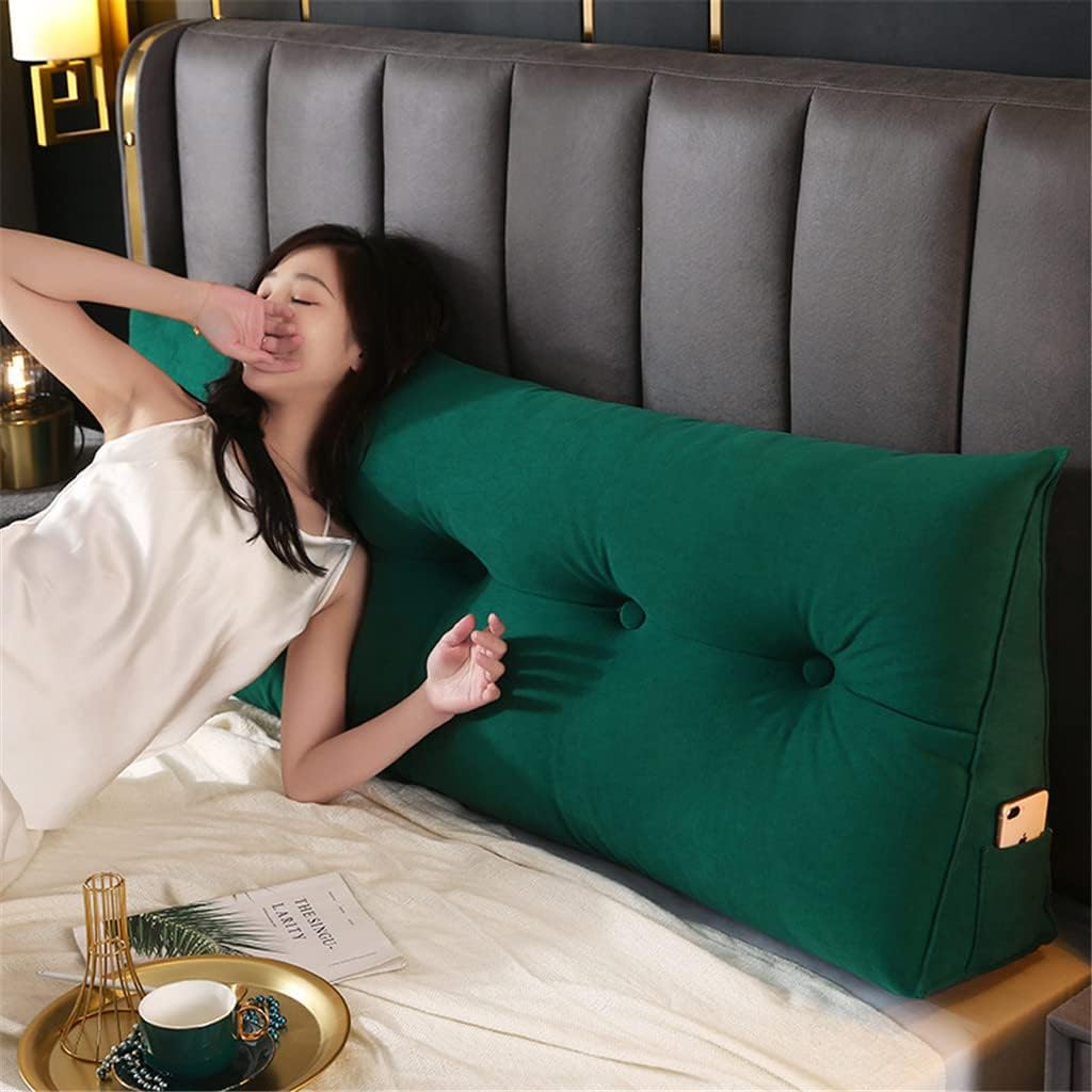 Triangular Headboard Pillow with Side Pockets, Solid Color Velvet Cushion Reading Pillow, Large Bolster Positioning Support Wedge Pillow for Daybed Bed with Removable Cover,Orange,Twin/100cm