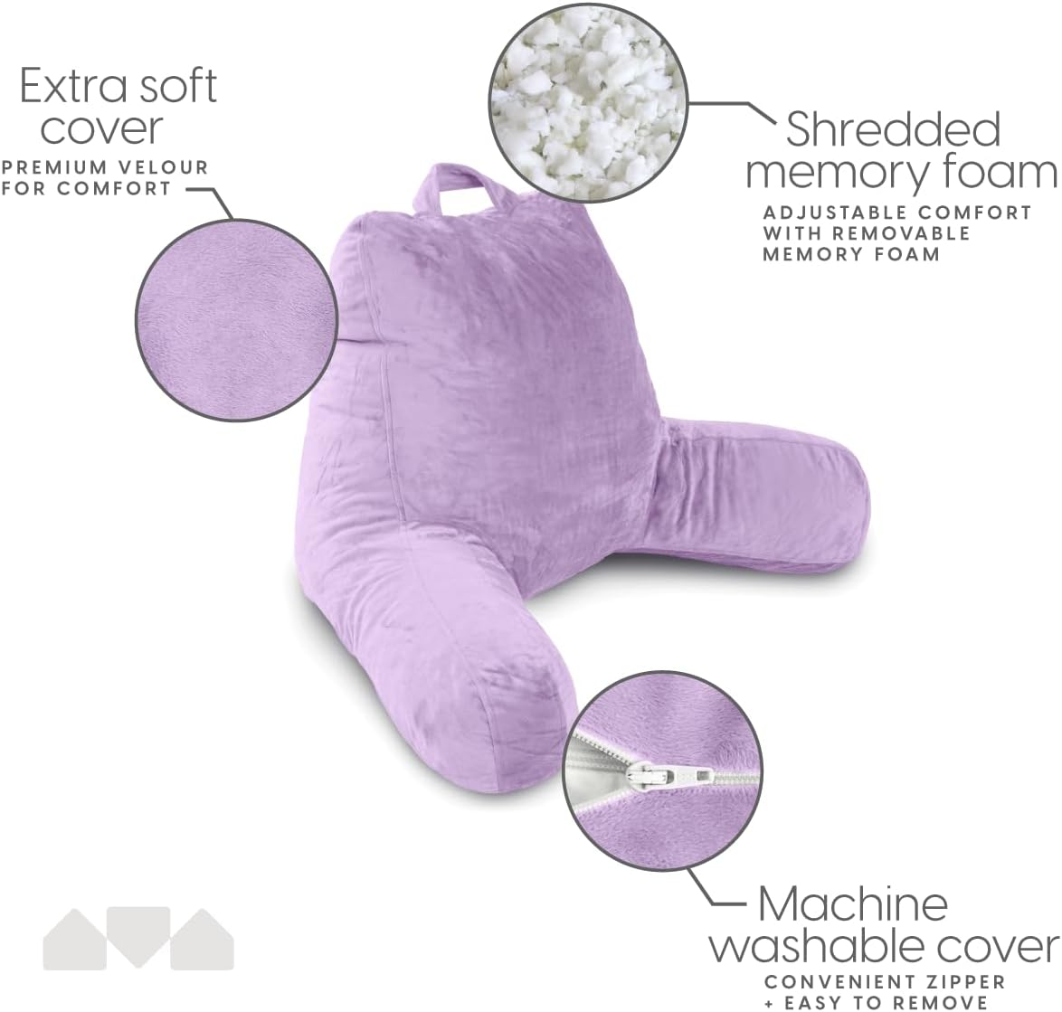 Milliard Reading Pillow with Arms, Lavender, Cozy Shredded Memory Foam Back Pillow for Bed Sitting Up - Sit Up Backrest Support for Reading & Rest Bed - Washable Cover, Adjustable Comfort, CertiPUR