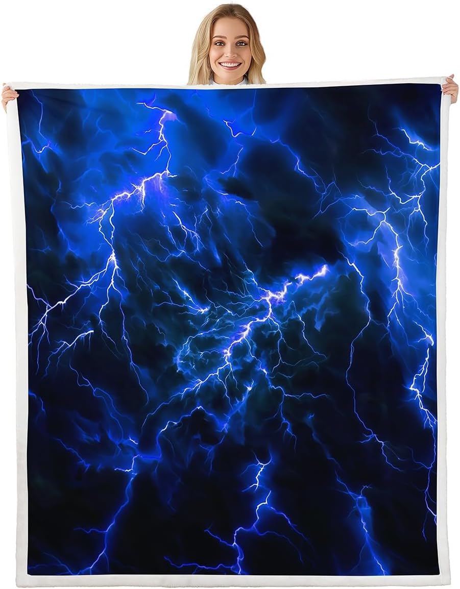 Manfei Blue Lightning Kids Throw Blanket,Light Natural Disaster Rustic Bed Blanket for Girls Boys,Modern Abstract Nature Black Chic Fuzzy Blanket,Twin Size (60 x 80 Inches)