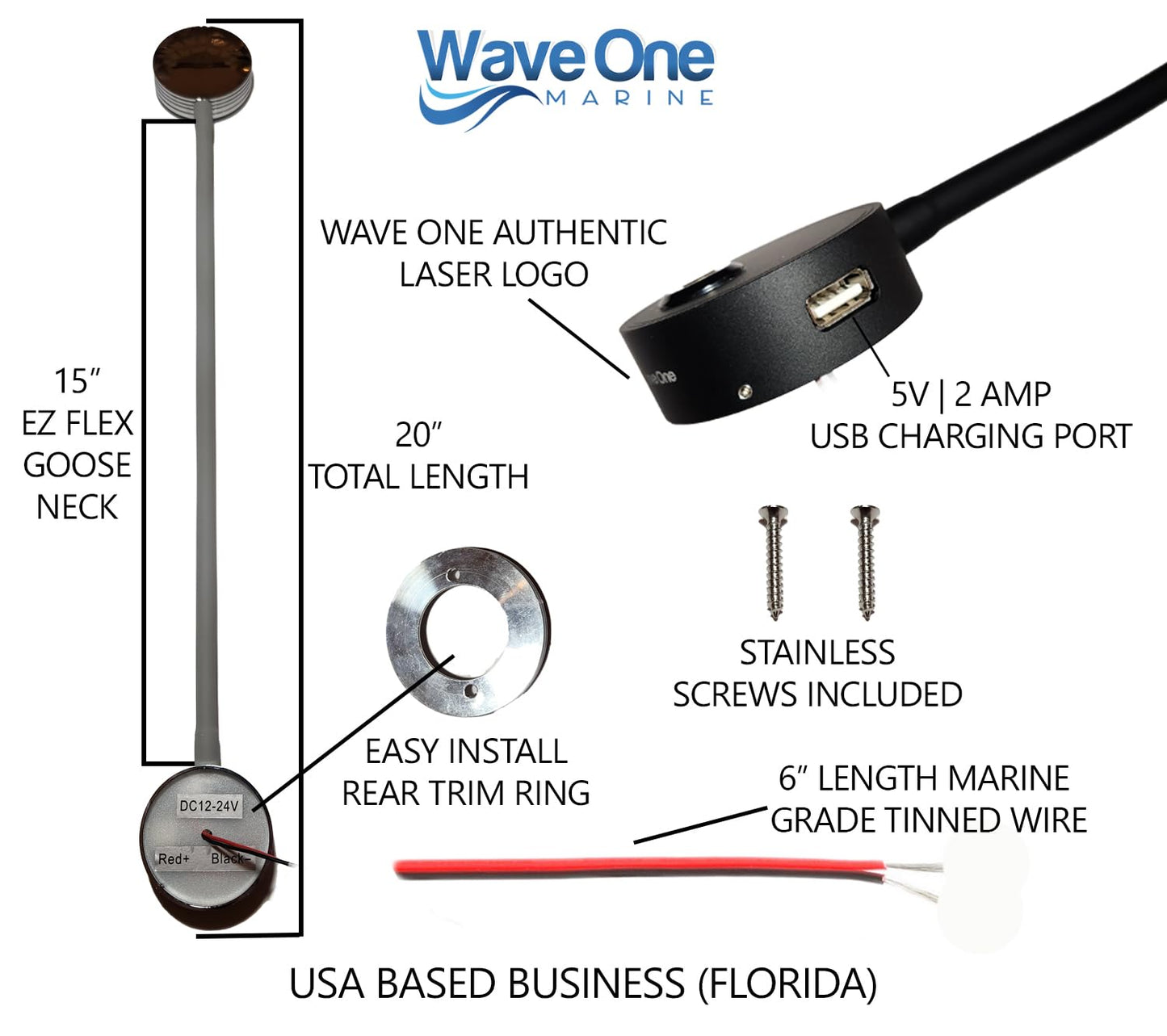 Wave One Marine Dual Color Gooseneck LED Chart Reading Light | Flexible Dimmable Sailboat Cabin Wall Map Boat Yacht RV Interior Night Lighting 12-24V Volt (Chrome | White & Red)