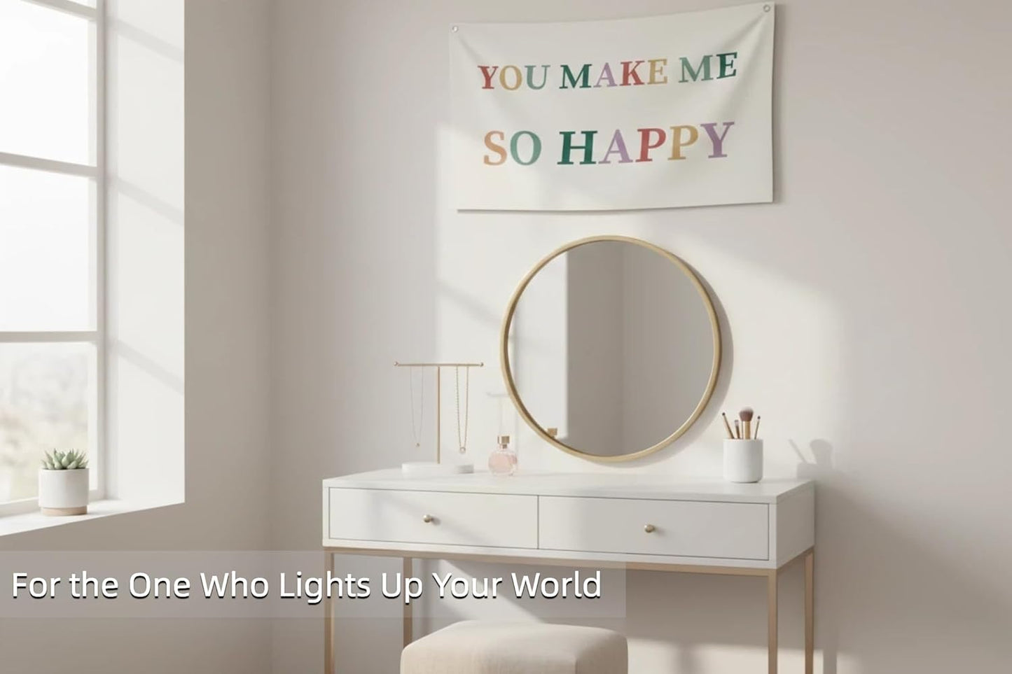 Canvas Wall Hanging Banner Decor (30"L x 20"W), "YOU MAKE ME SO HAPPY" Inspirational Quote Wall Art, Boho Minimalist Fabric Sign with Metal Grommets for Bedroom, Nursery & Home Decor