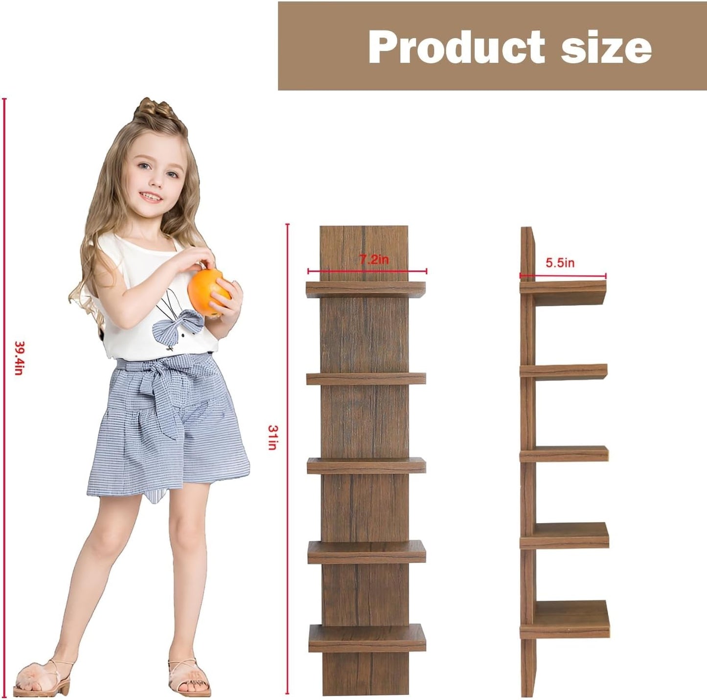 5 Tier Wall Shelves Brown, Vertical Column Shelf Floating Storage Home Decor Organizer Tall Tower Design Utility Shelving Bedroom Living Room