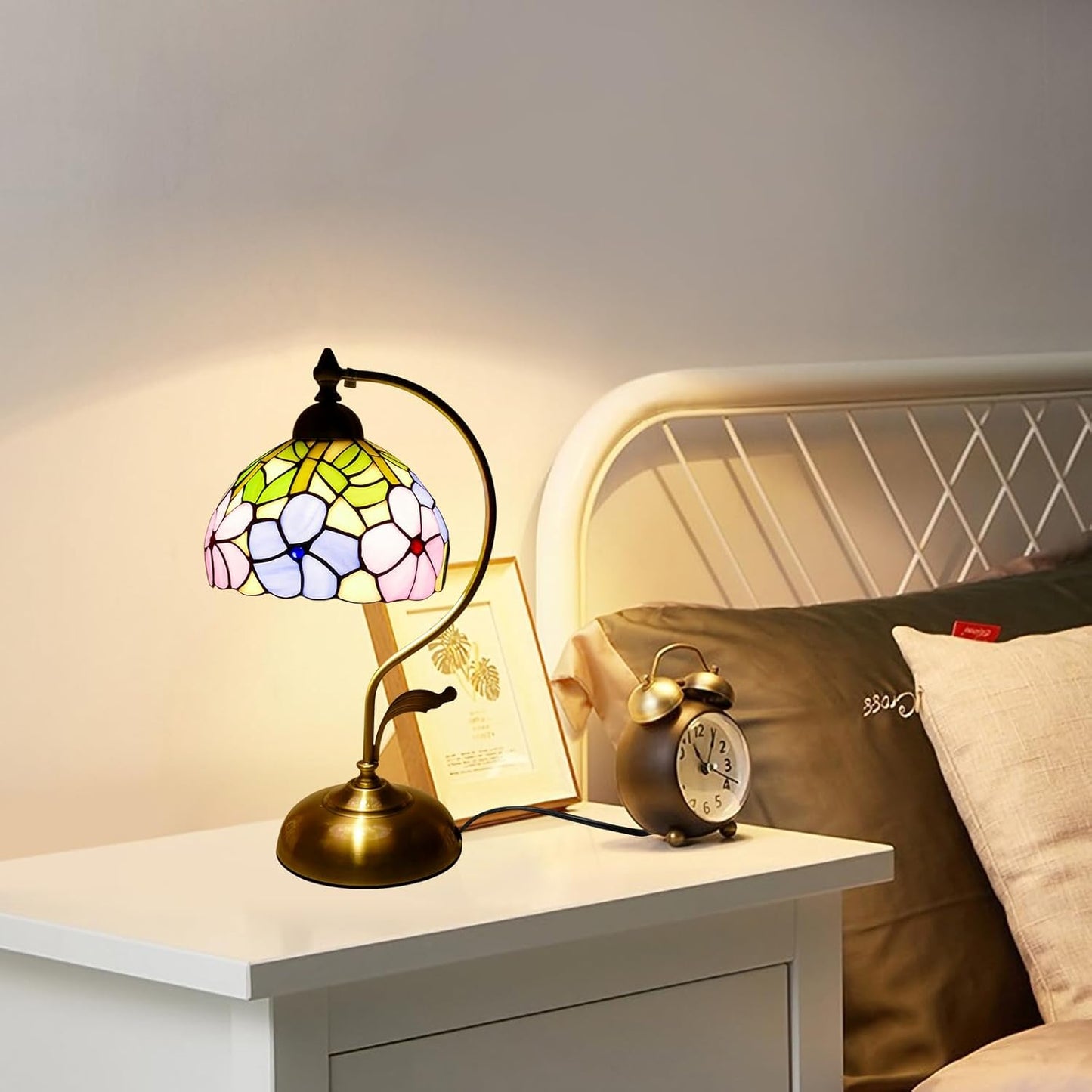 Tiffany Table Lamp Morning Glory Stained Glass Lamp 8" Wide 17" Tall Bedside Table Light Desk Lamps Vintage Reading Lamp with Color Changing LED Bulb