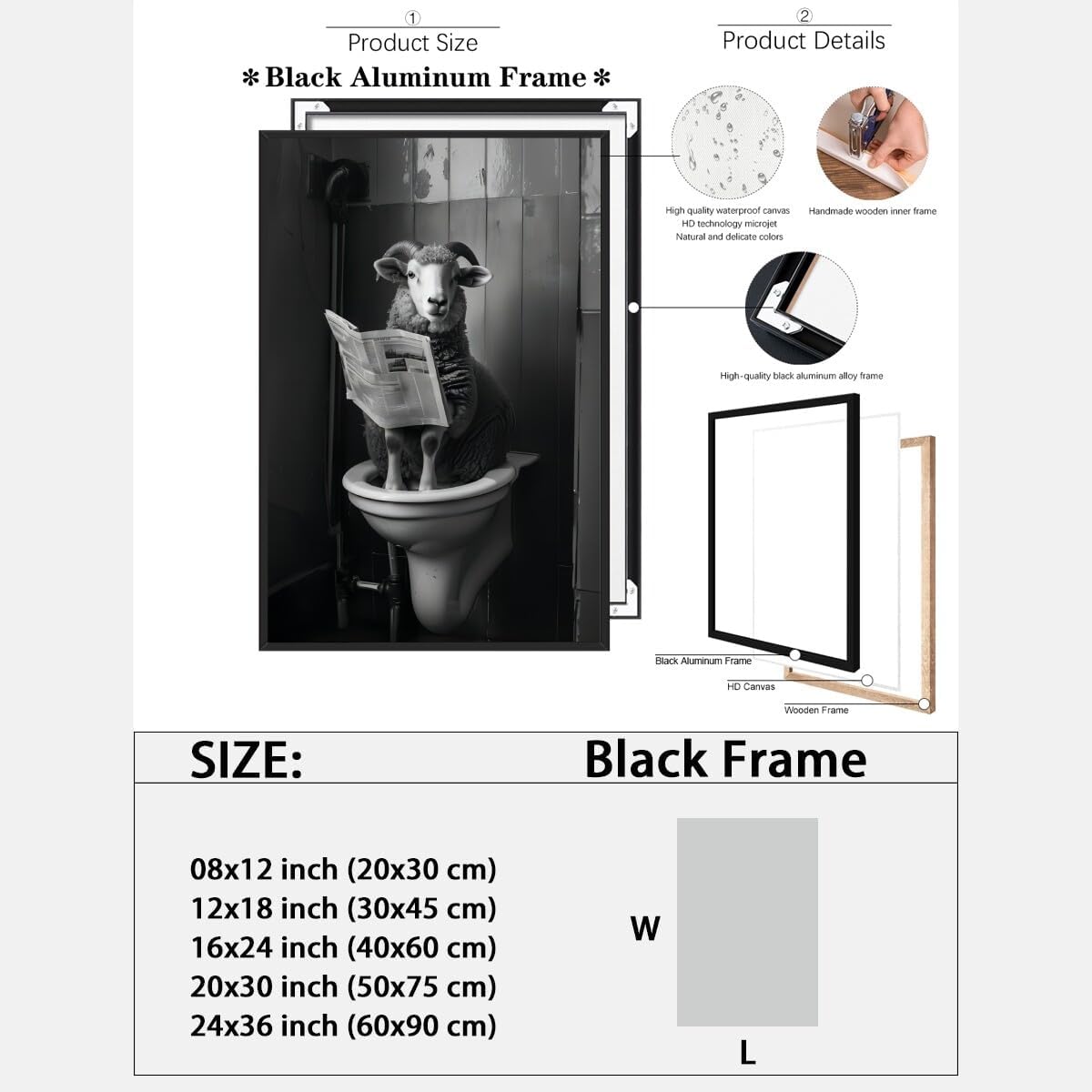 Black and White Animal wall art Funny Bathroom wall decor Sheep Sitting on Toilet Reading Newspaper Canvas Print poster Room decoration aesthetics for Rustic Farmhouse Restroom black framed8x12inch