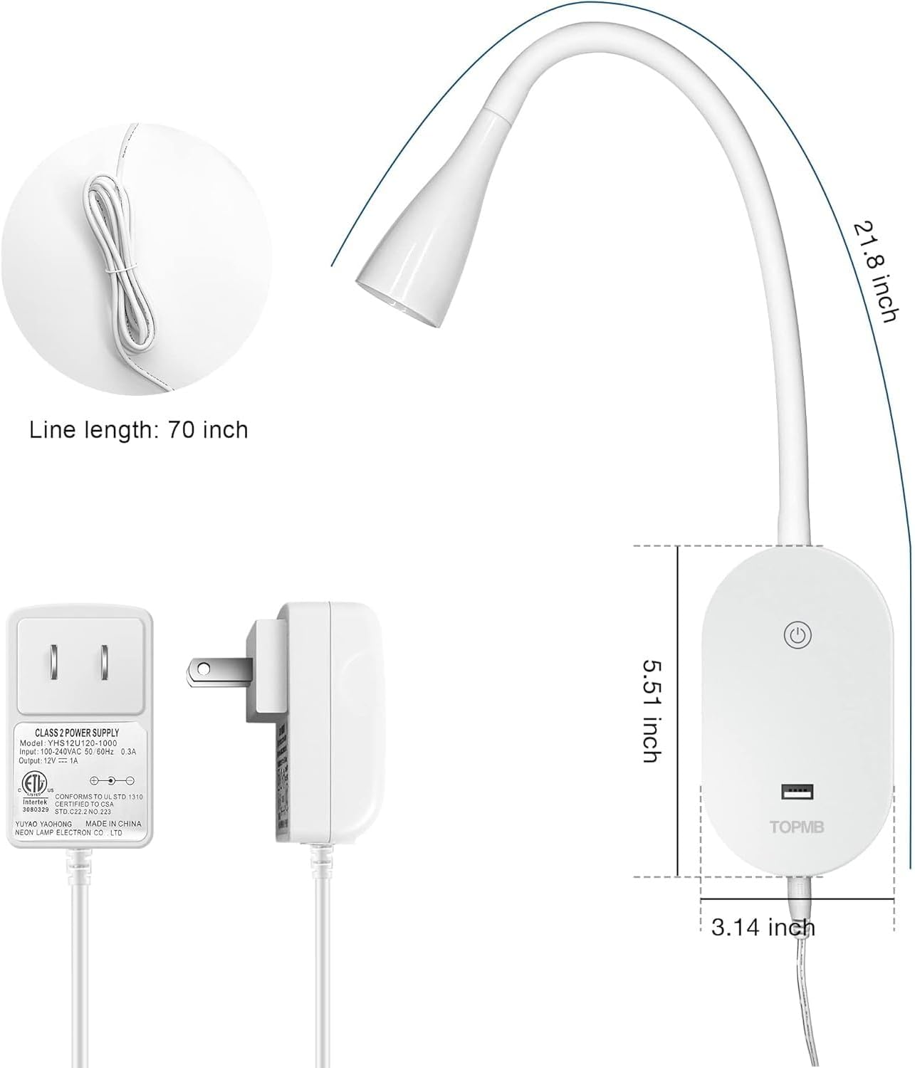 Wall Reading Light for Books in Bed, USB Output Headboard Wall Lamp,5 Dimmable Touch Control Reading Lamp,LED Warm Light Easy to Install 3000K