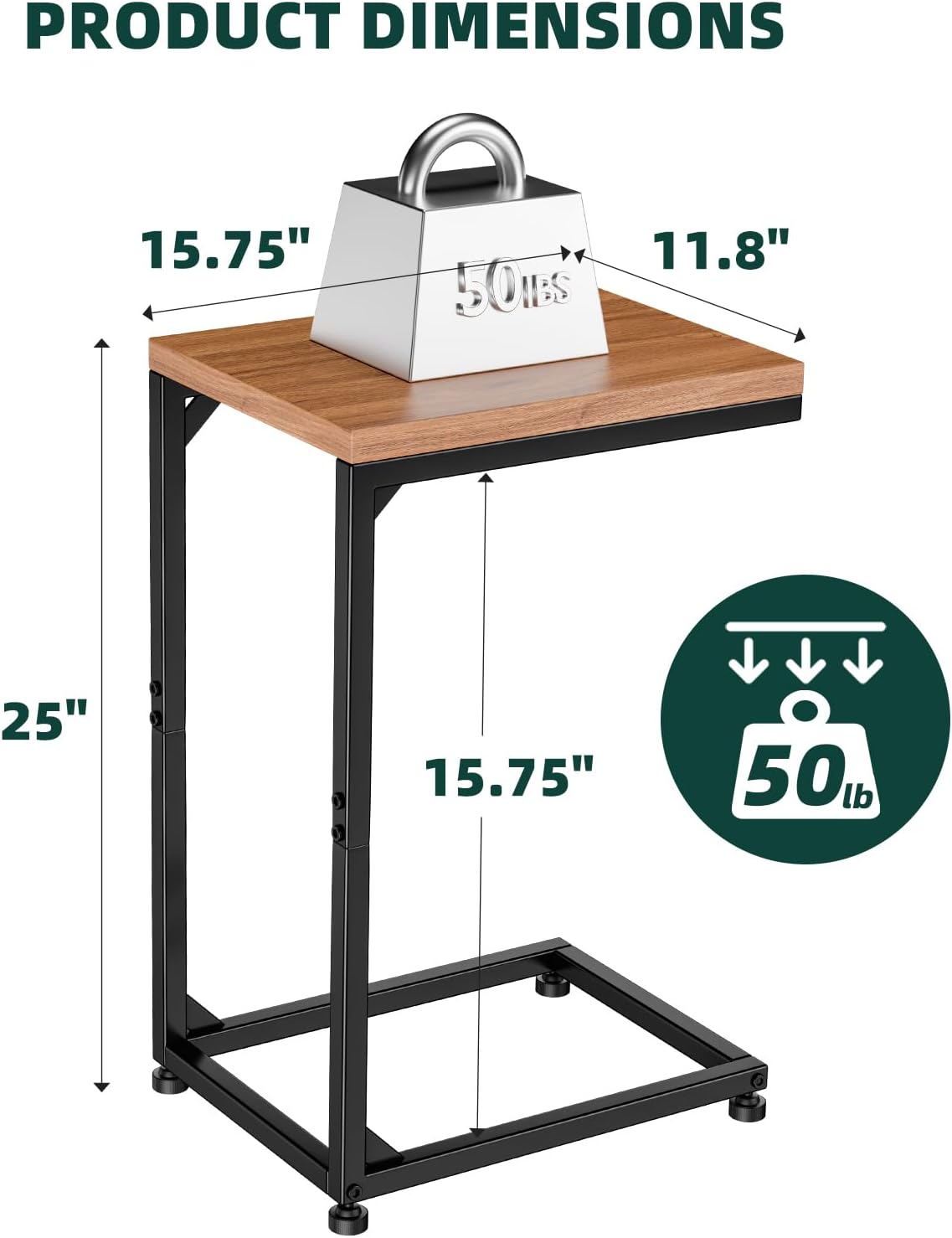 C Shaped End Table, Narrow Side Table for Couch, Small Sofa Table with Metal Frame, TV Tray Table for Living Room Bedroom Small Spaces, Brown