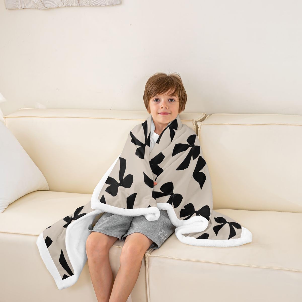 Feelyou Bow Sherpa Throw Blanket for Couch Elegant Super Soft Cozy Fleece Kawaii Bow Blanket for Winter, Plush Throw Black Throw 50"x60" All Season