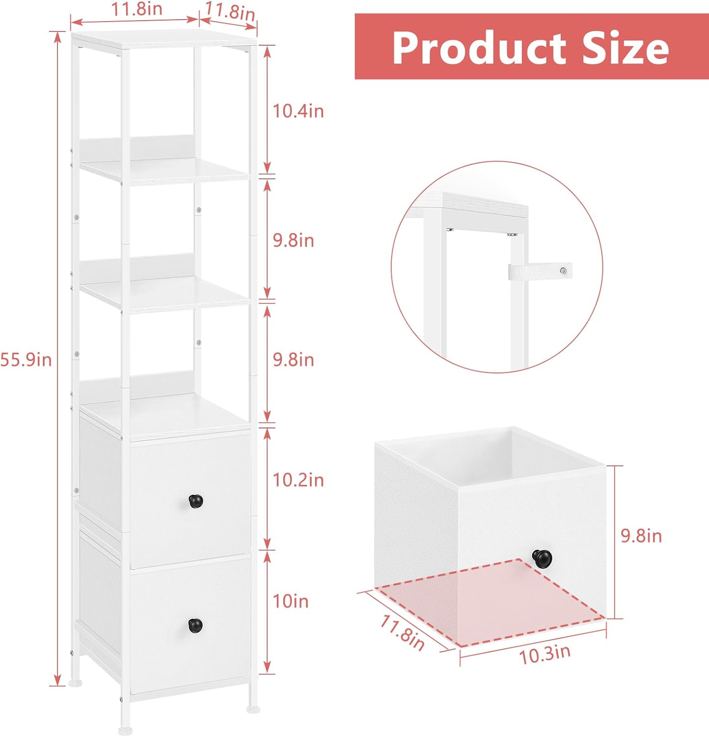 smusei Bathroom Storage Cabinet 55.9'' Tall Bathroom Storage Floor Cabinet with 2 Drawers and Shelves, Slim Corner Cabinet Narrow Bathroom Organizer Rack for Living Room, Kitchen, White