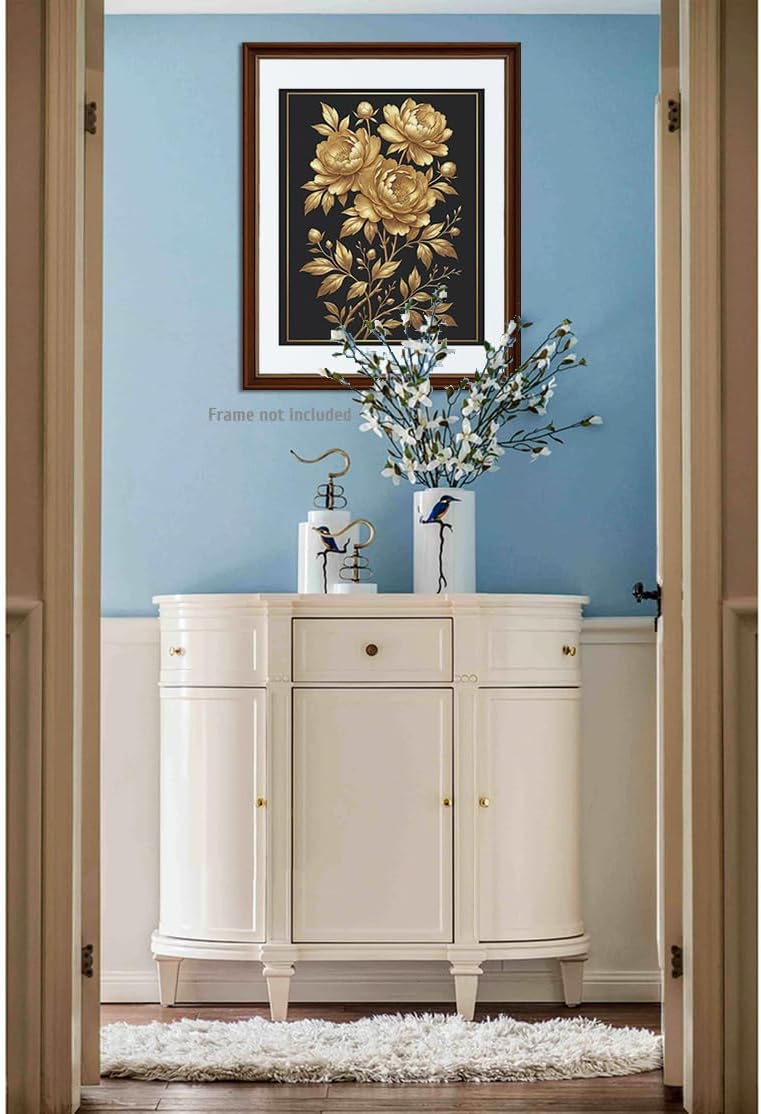 heshengzaixian Vintage Gold Line Art Peony Prints, Luxury Black and Gold Floral Wall Art Poster,Elegant Flower Botanical Decor Picture for Living Room Office Bedroom, Set of 1 8x10In Unframed