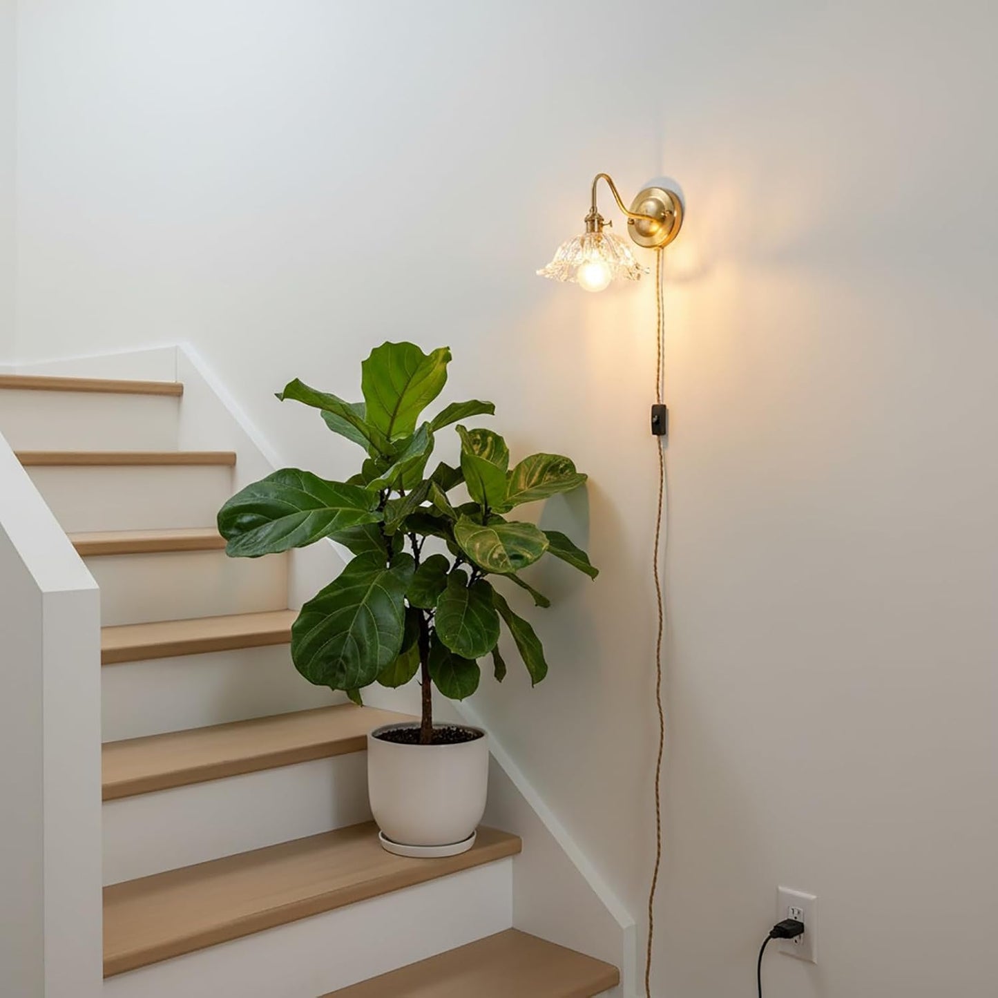 Vintage Plug-in Wall Sconce with Switch, Clear Snowflake Glass Shade, Brass Fixture, E26 Socket with Dual Switches, Plug-in or Hardwired for Bedroom, Reading Nook, Hallway, Kitchen Island