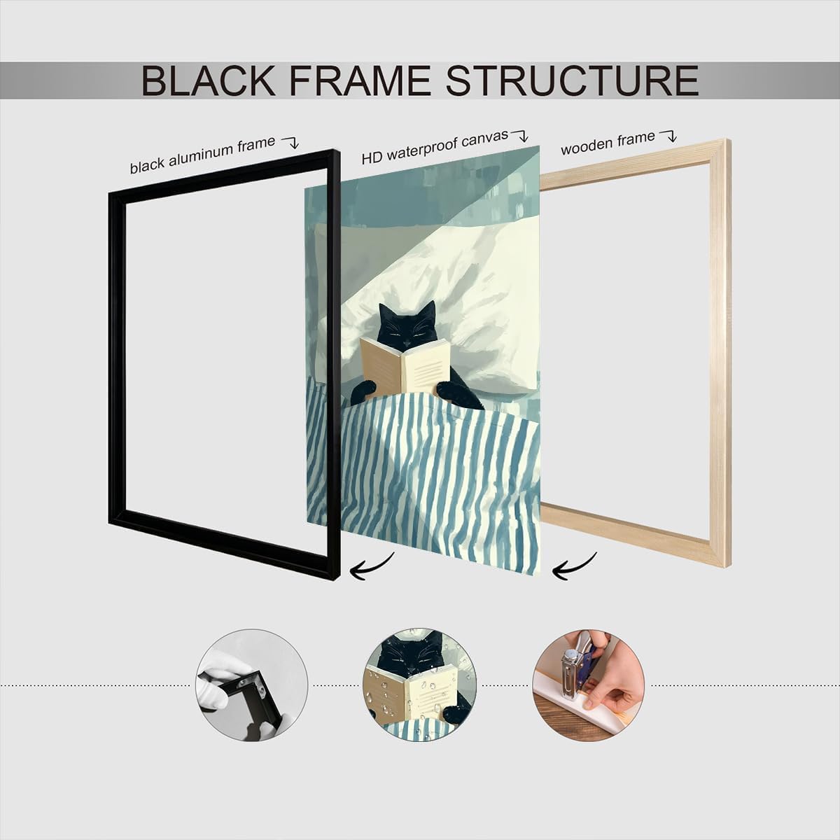 Funny Black Cat Reading Poster Trendy Animal In Bed Canvas wall art Minimalist abstract Pet Aesthetic watercolor Prints Painting For Living Room Bedroom Office Wall Decor 12x16in Unframed