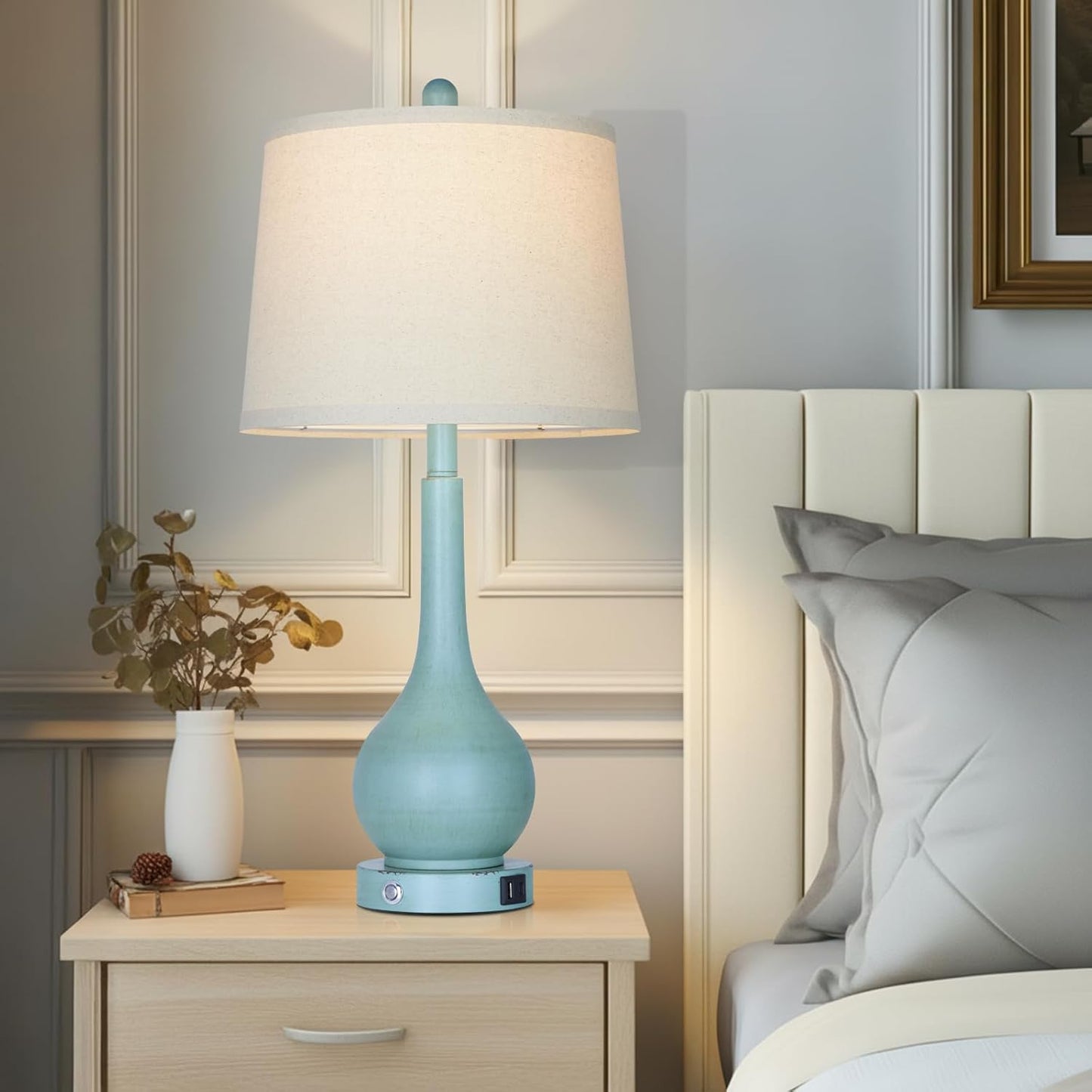 26" Farmhouse Table Lamps for Living Room Set of 2, 3-Way Dimmable Touch Control Bedside Lamp with USB A+C Ports, Retro Blue Nightstand Lamps for Bedroom (2 LED Bulbs Included)