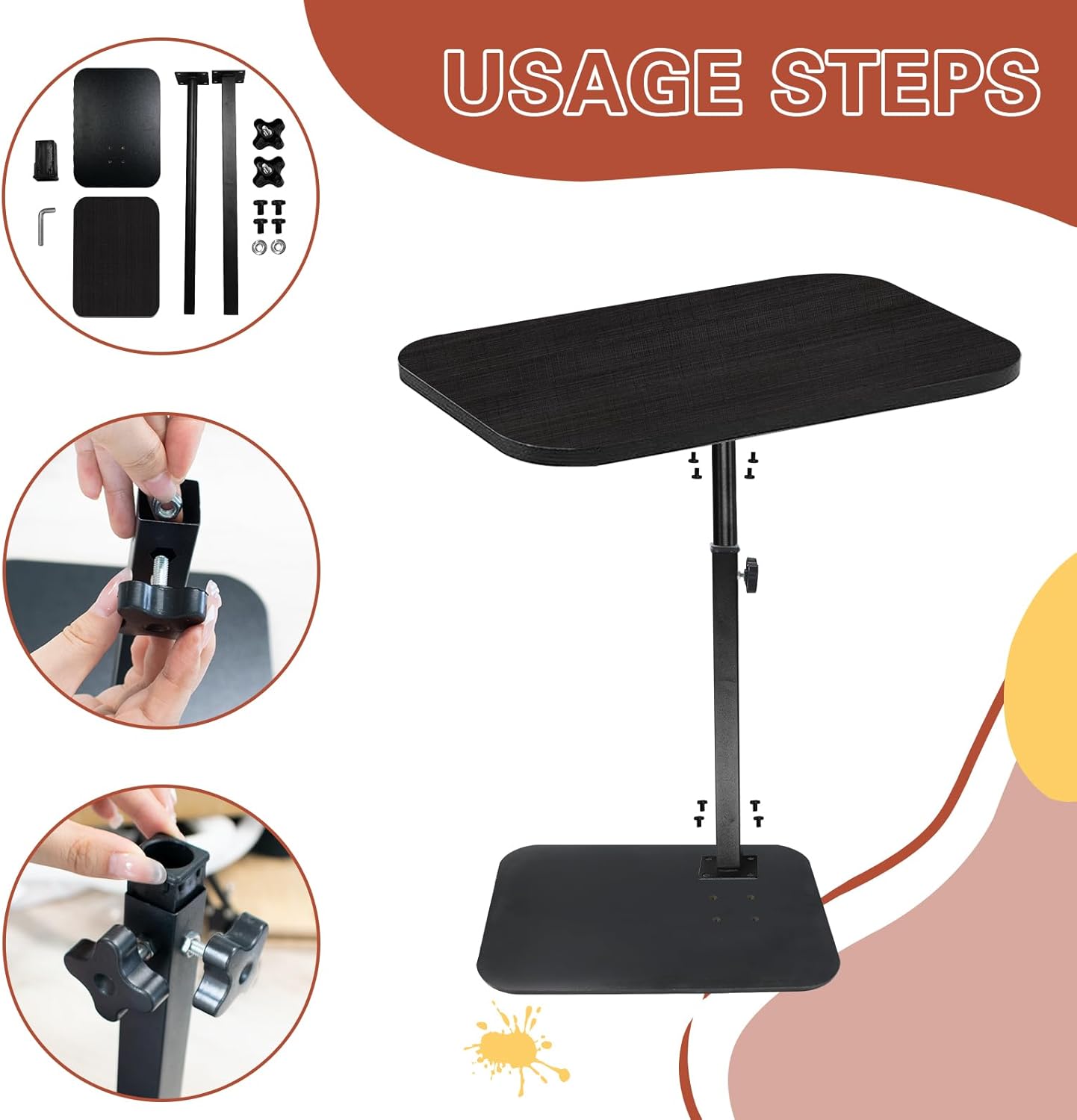 C Shaped End Table Adjustable Height, 360° Swivel C Side Tray, Small Bedside Table, for Couch, Living Room, Bedroom, Corners and Office (Black)