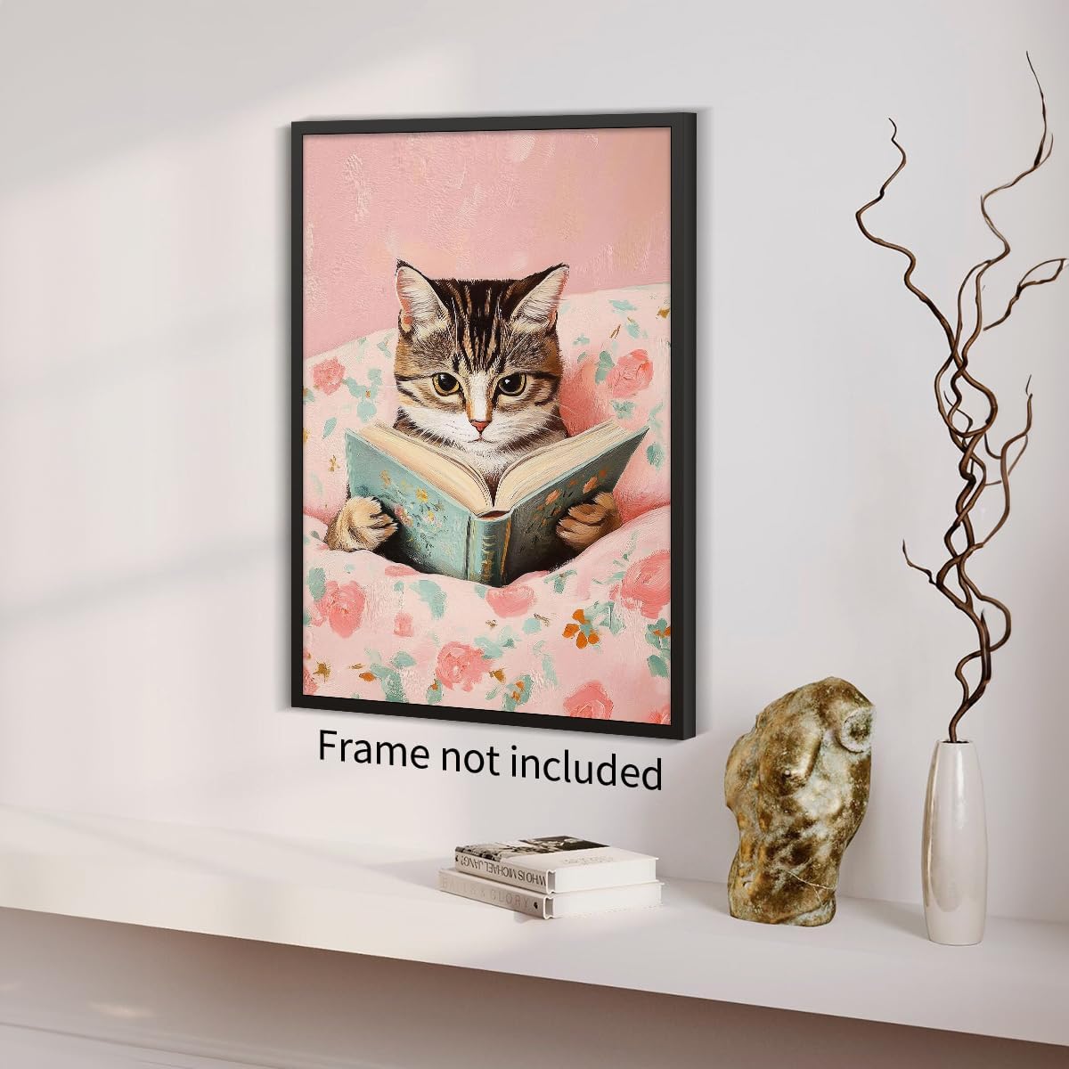 Funny Tabby Cat Reading Books Canvas Wall Art Pink Girly Room Posters Cute Animal Kids Prints Vintage Cat Lovers Wall Decor For Teen Bedroom Dorm Living Study Room 12x16in Unframed