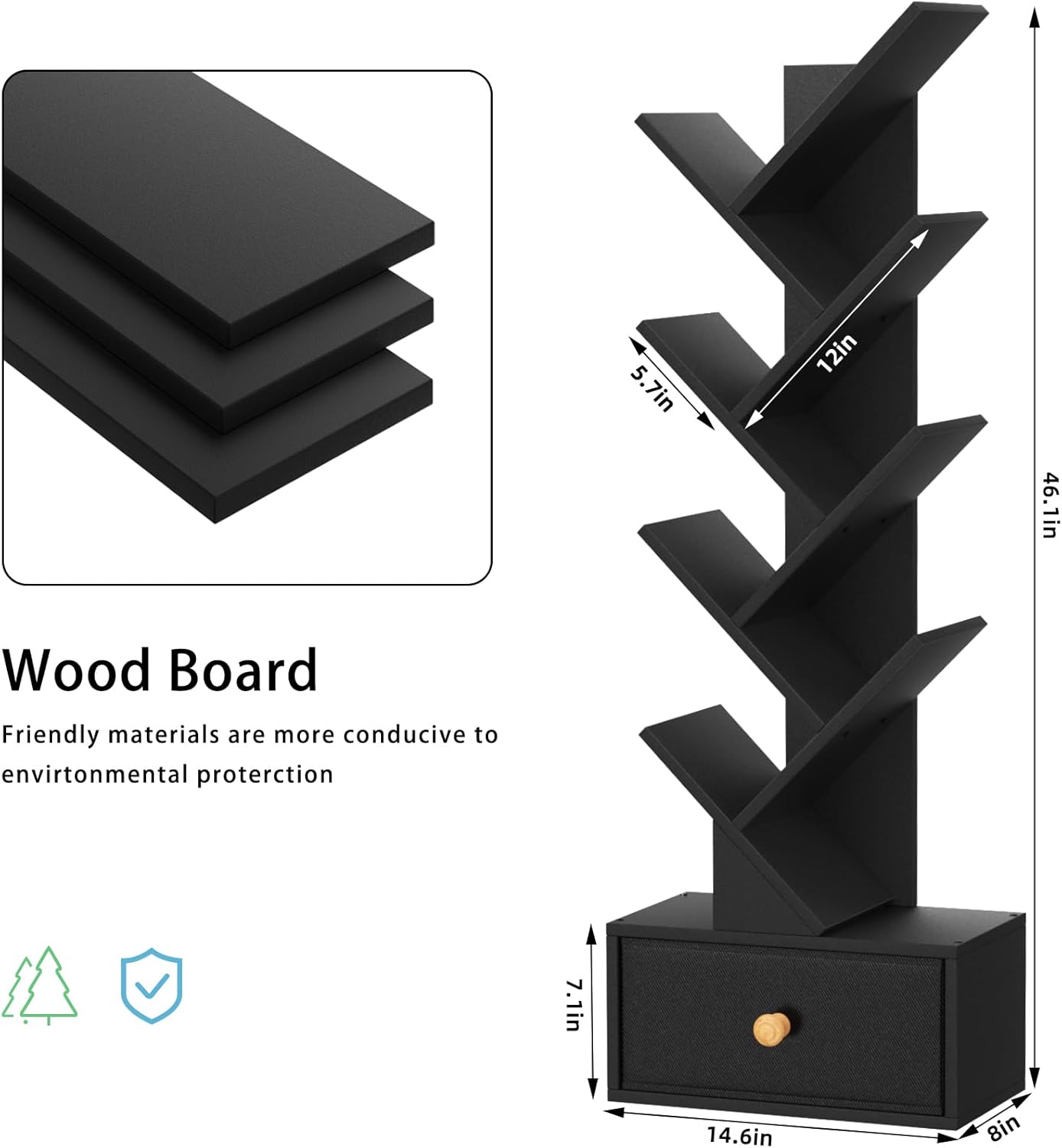 8 Tier Tree Bookshelf with Drawer, Free Standing Wood Bookcase for Living Room, Bedroom, Home Office, Space Saving Storage Organizer Bookshelves for Books, CDs, Vinyl Records- Black