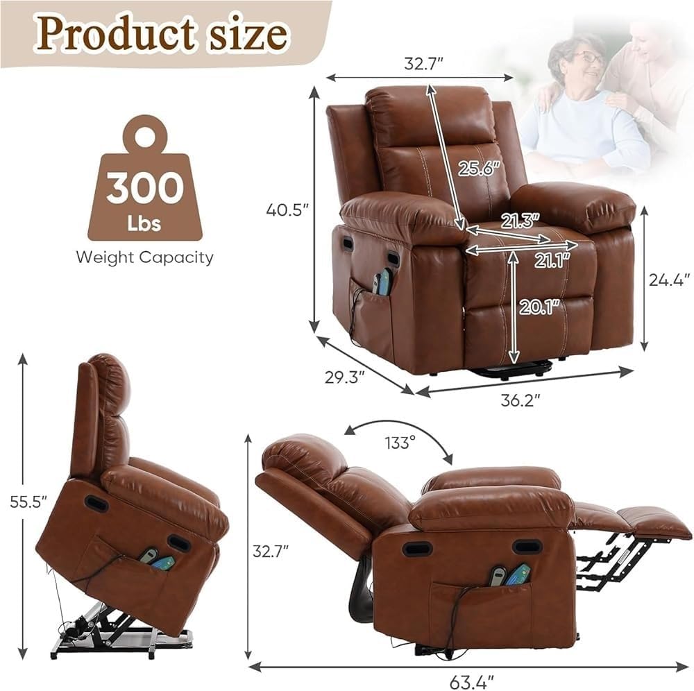 Electric Recliner Sofa Chair for Adults Lift Recliner Chair with Heat and Massage Genuine Leather Lay Flat Recliner Sofas for Living Room Home Theater